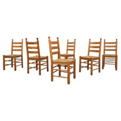 Set of 6 Charlotte Perriand Inspired Throne-Like Pine and Rush Dining Chairs
