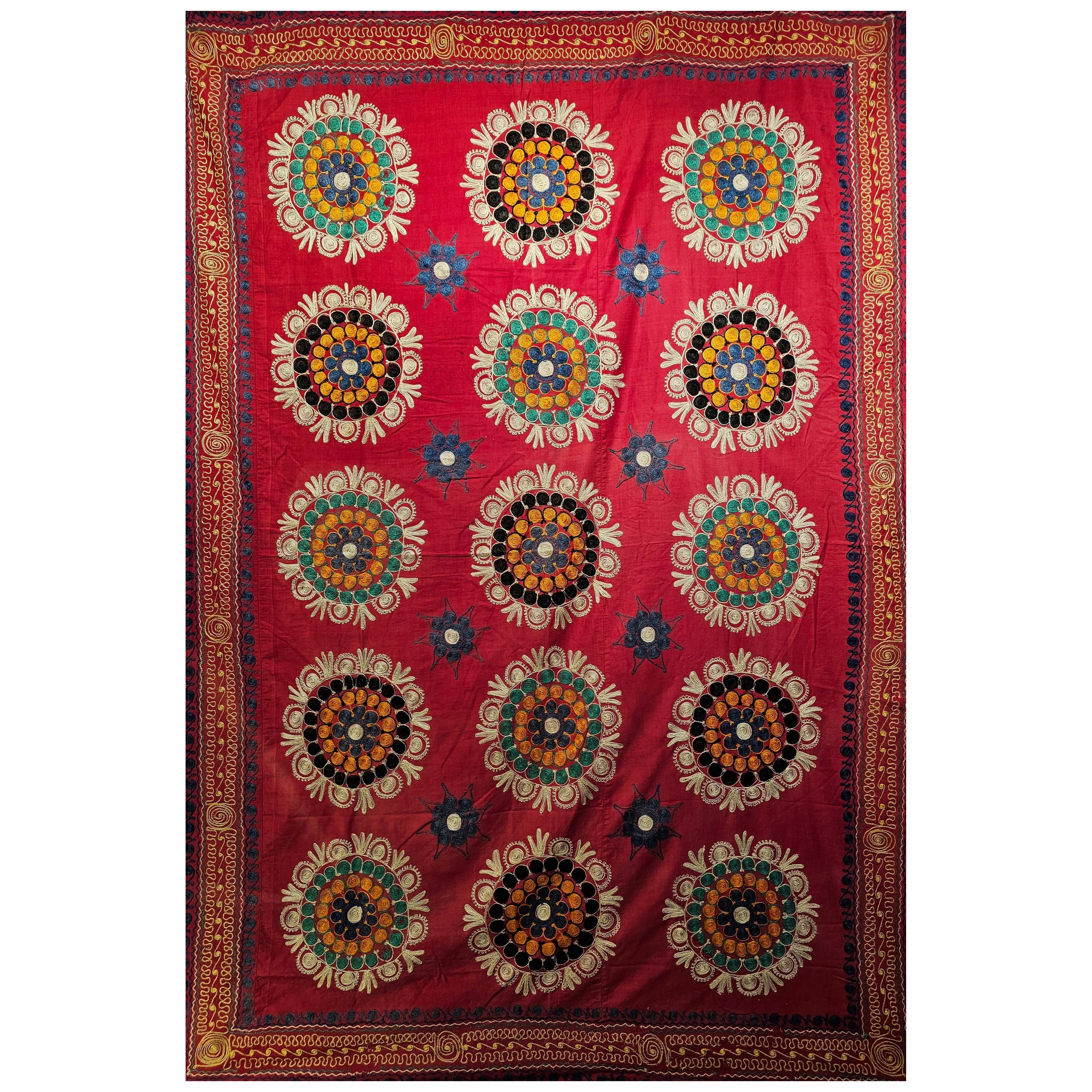 Mid 20th Century Hand Crafted Uzbek Suzani Silk Embroidery in Red, ivory, Green For Sale