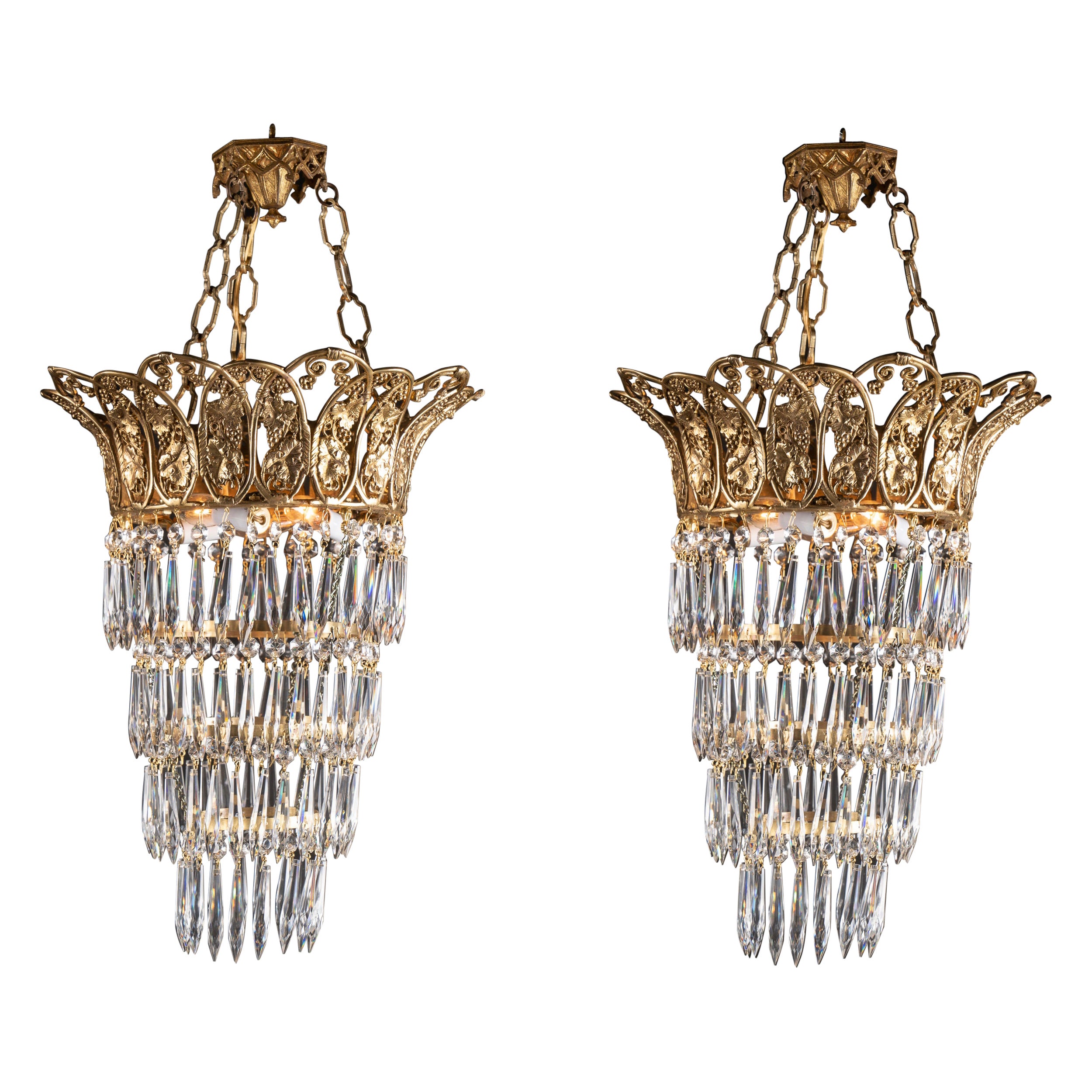 Pair of Louis XVI Bronze Chandeliers with Crystals, French 19th Century For Sale