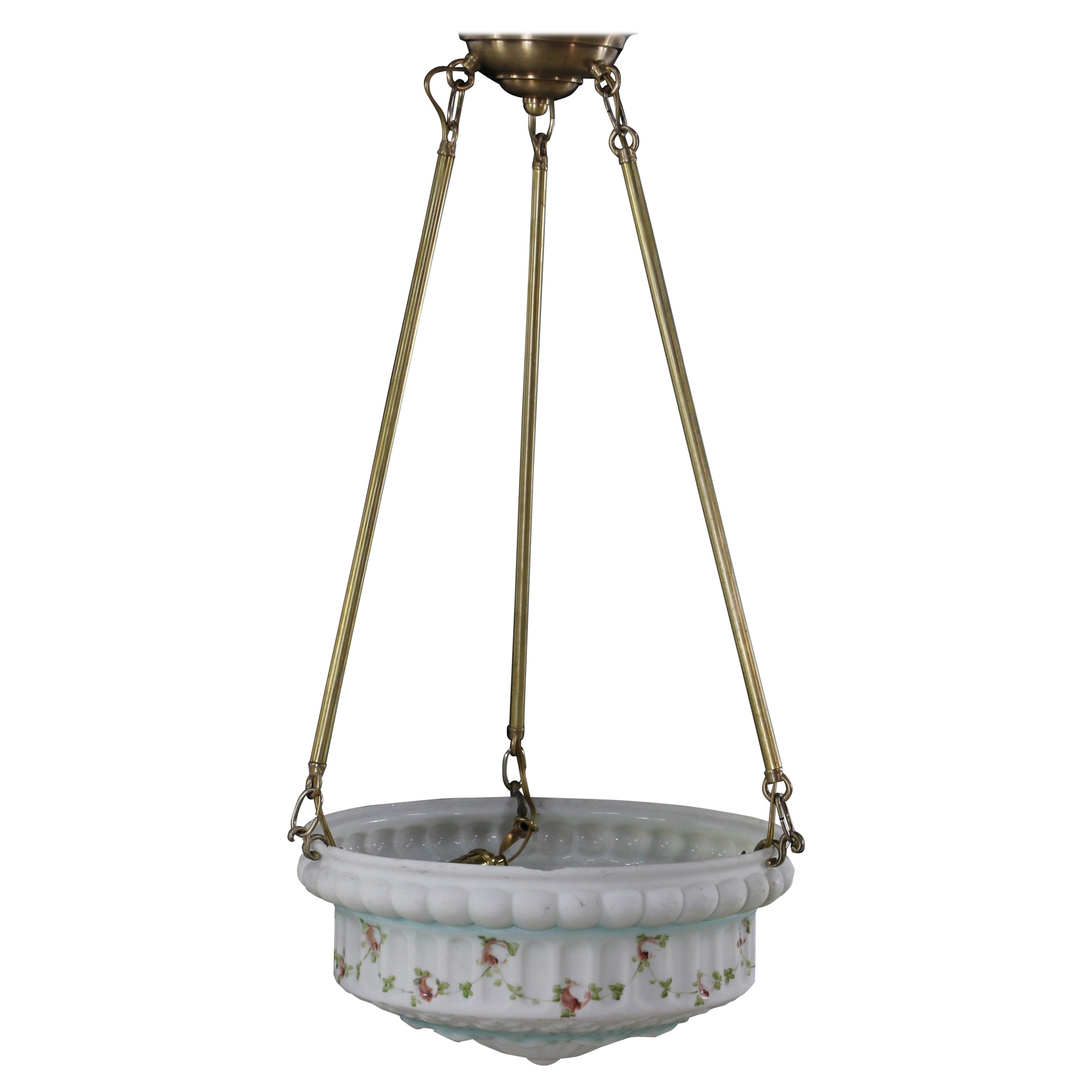 Restored Brass Pole Floral Cast Glass Pendant Light For Sale