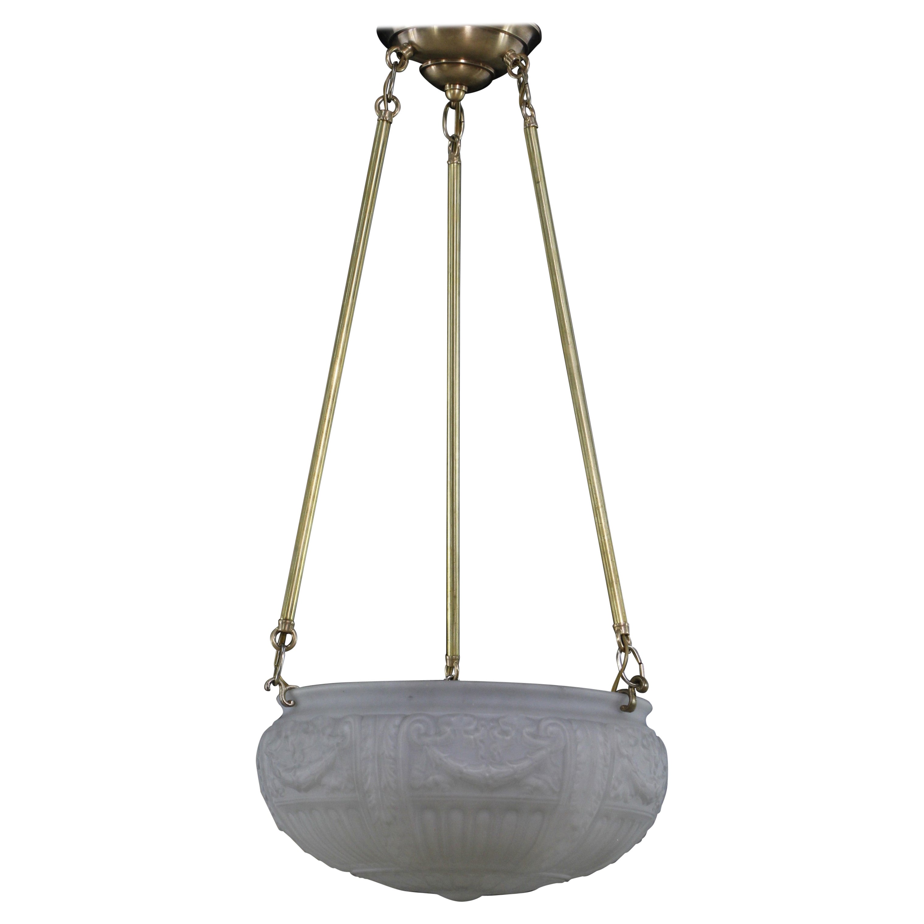 Antique Brass Pole Frosted Cast Glass Dish Pendant Light For Sale