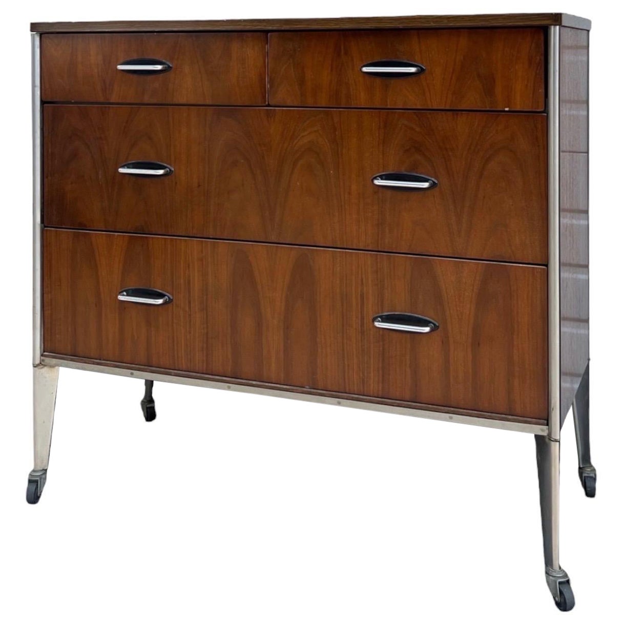 Vintage Mid Century Modern Dresser By Raymond Loewy For Hill Rom Walnut Casters  For Sale