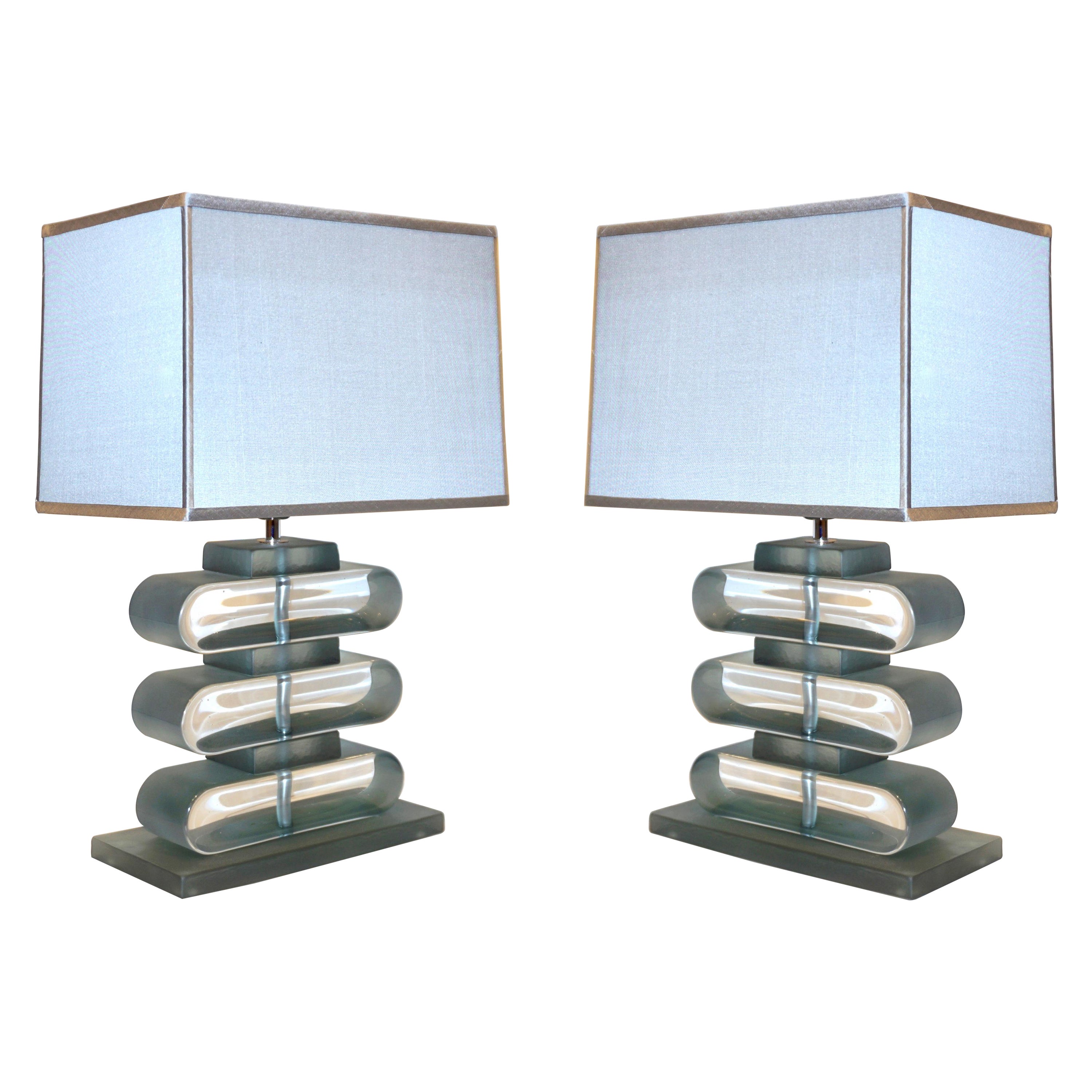 Italian Modern Pair of Nickel and Smoked Aqua Murano Glass Architectural Lamps For Sale