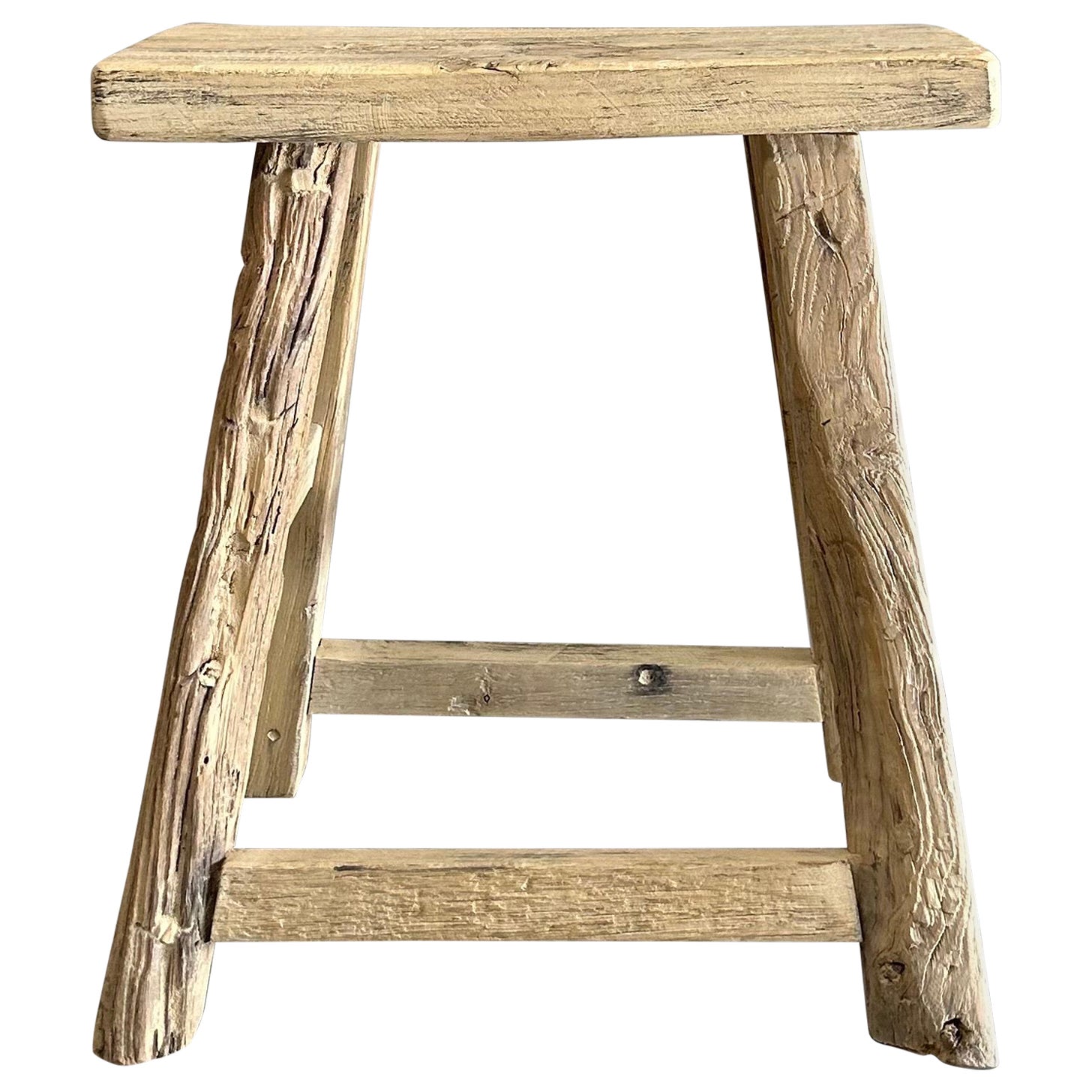 Vintage Reclaimed Elm Wood Stool For Sale