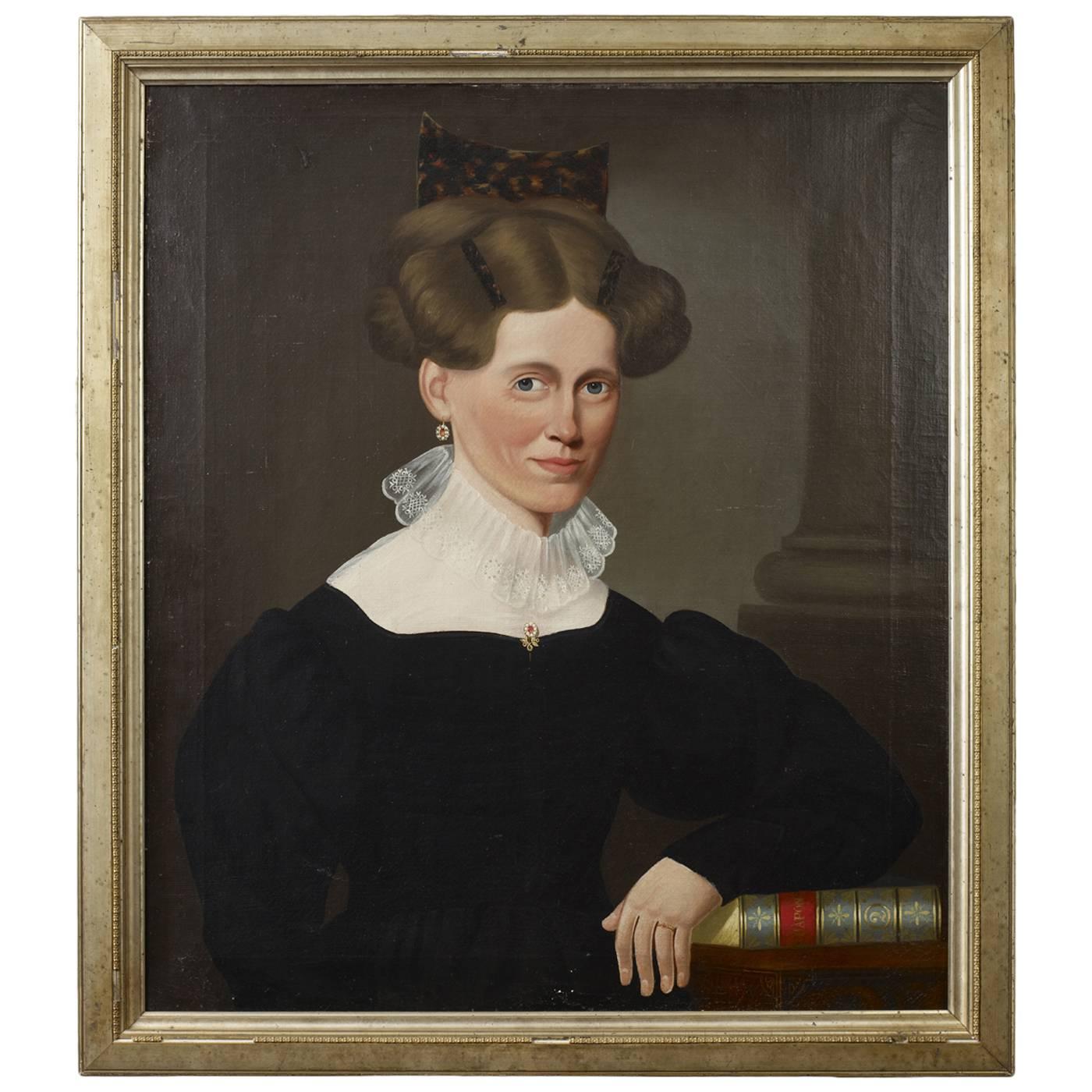 Portrait of a Woman Wearing a Tortoiseshell Comb Seated in a Chair For Sale