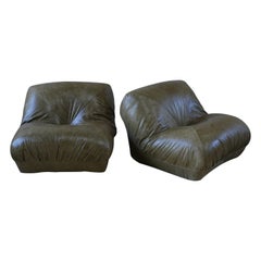 1970s Mid-Century French Lounge Chairs Newly Upholstered in Aged Italian Leather
