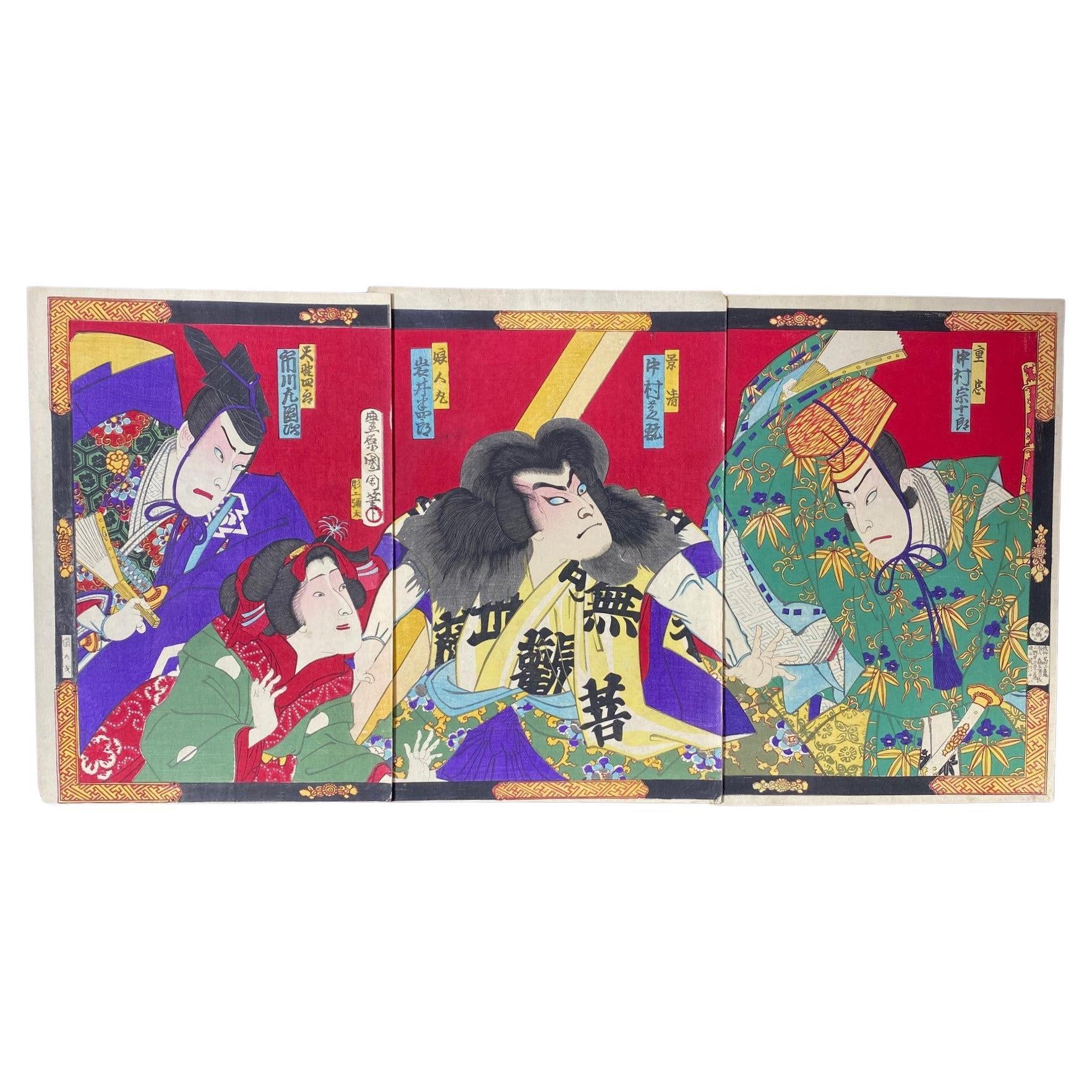  Toyohara Kunichika Japanisches Triptychon, Holzschnitt mit Kabuki-Theaterdarstellern