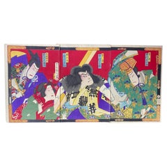 Vintage  Toyohara Kunichika Japanese Triptych Woodblock Print of Kabuki Theater Actors