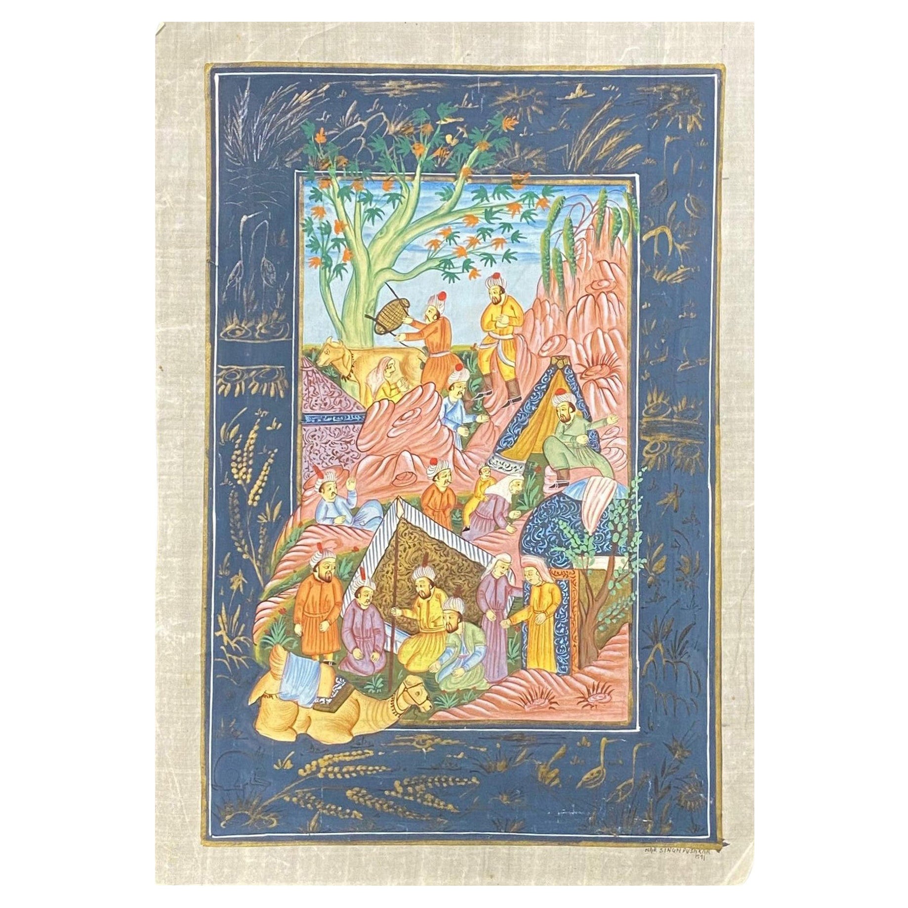 India del Sud Rajasthan, pittura in miniatura firmata di villaggio con scena del deserto in vendita