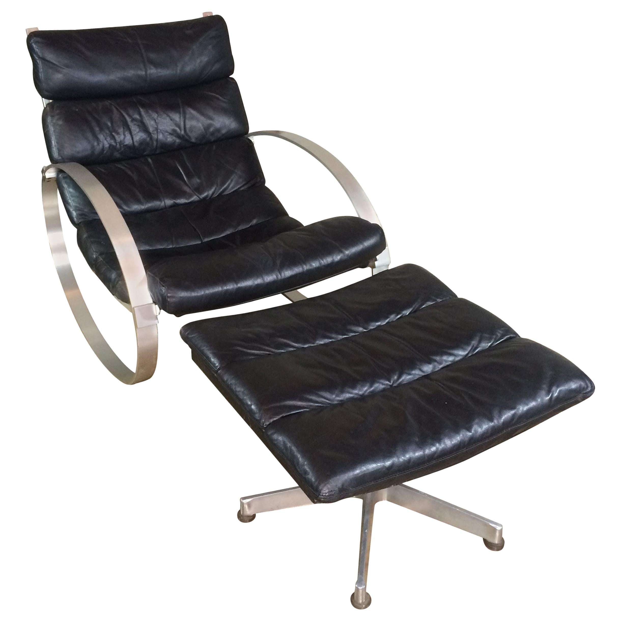 Hans Kaufeld Leather Rocking Chair and Ottoman