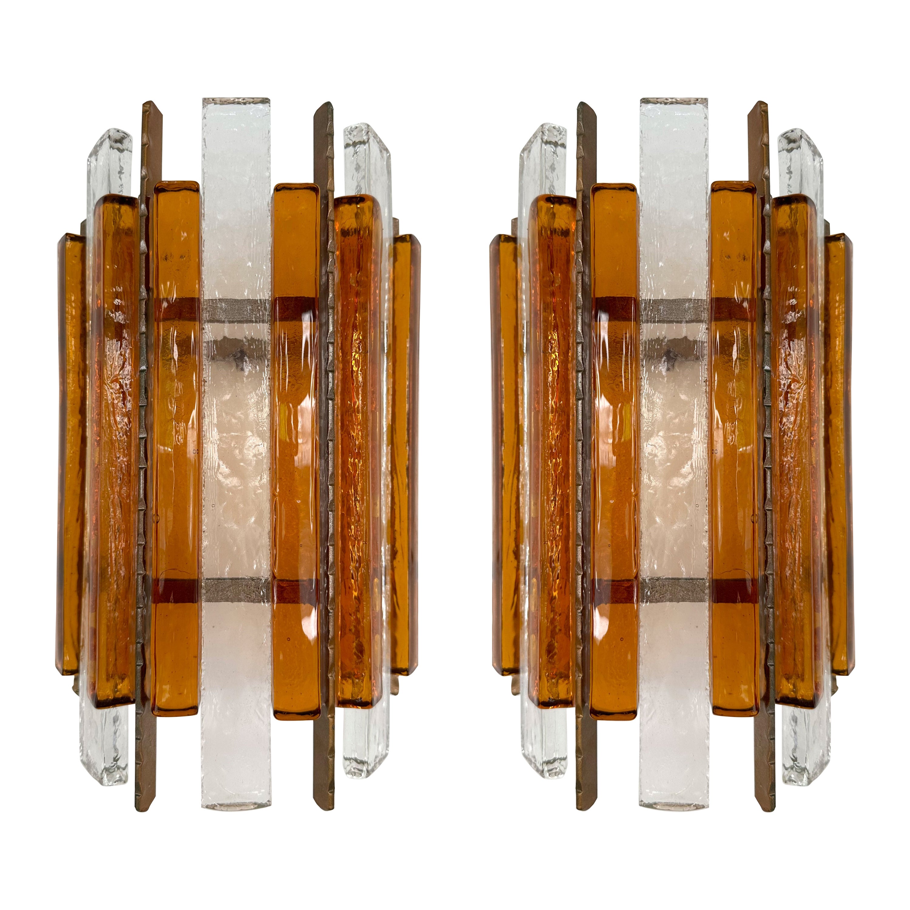 Pair of Hammered Glass Wrought Iron Sconces by Longobard, Italy, 1970s