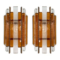 Vintage Pair of Hammered Glass Wrought Iron Sconces by Longobard, Italy, 1970s