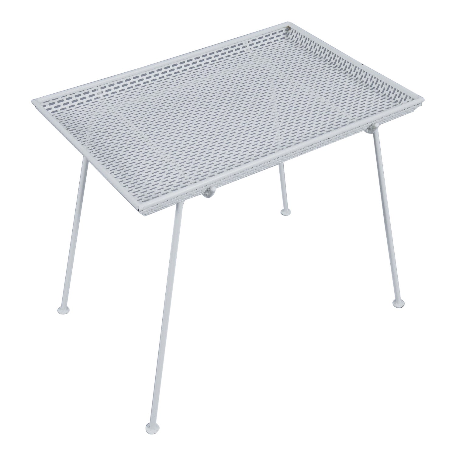 French Side Table in Perforated White Lacquered Metal With Removable Tray, 1950s For Sale