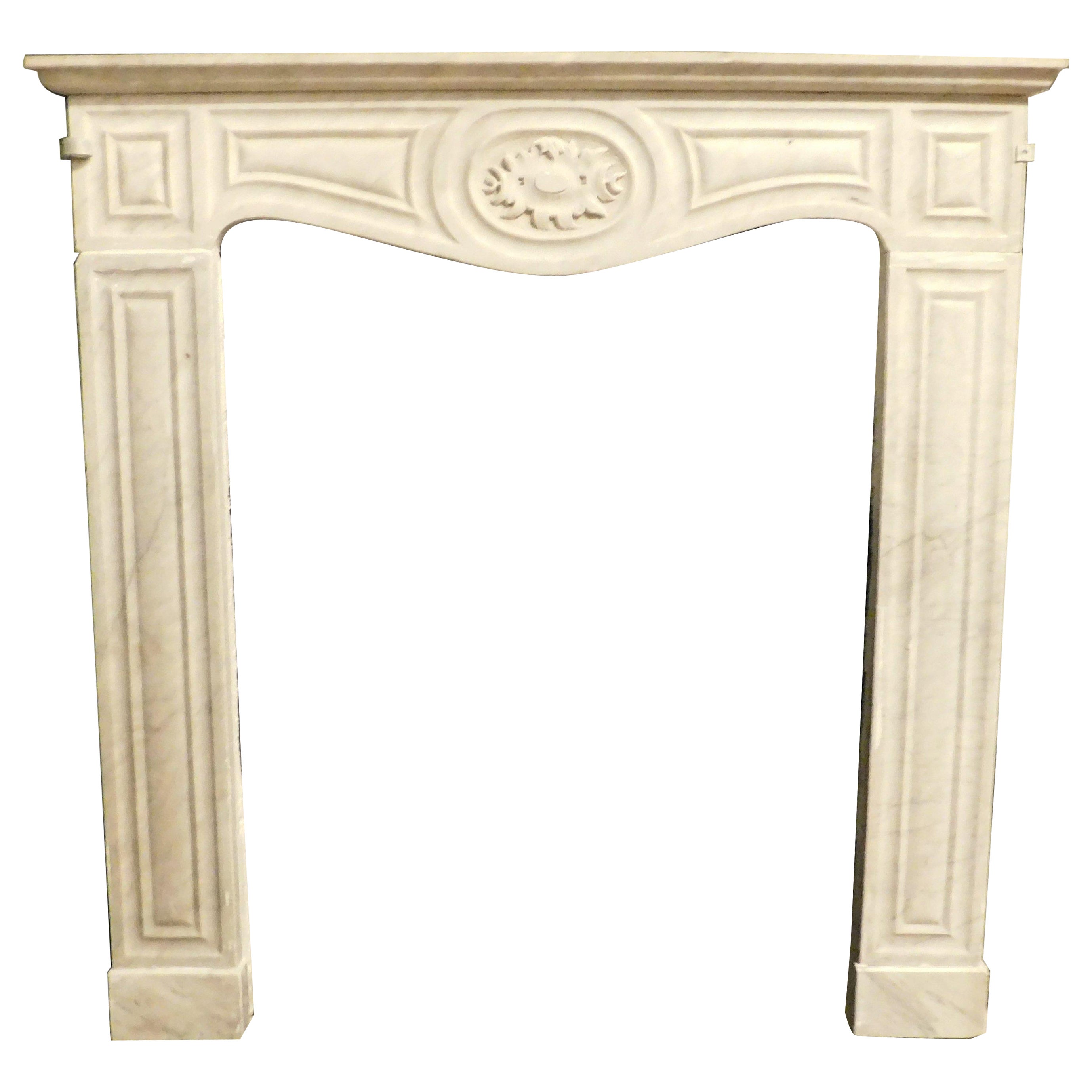 Fireplace mantle  thin frame, carved in white Carrara marble, Italy For Sale