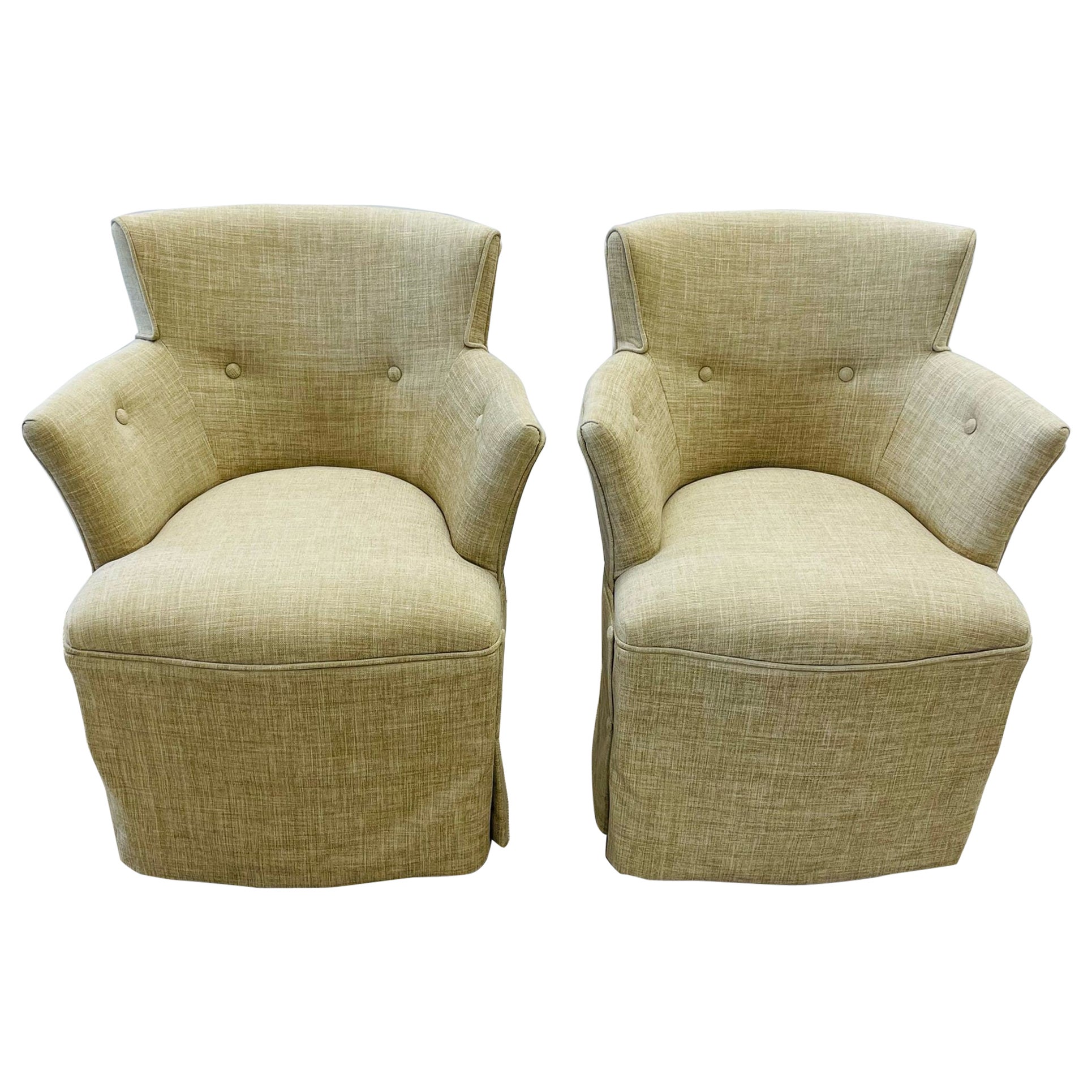 Pair of Petite Hollywood Regency Swivel / Accent Chairs, Grosfeld Style, Tufted