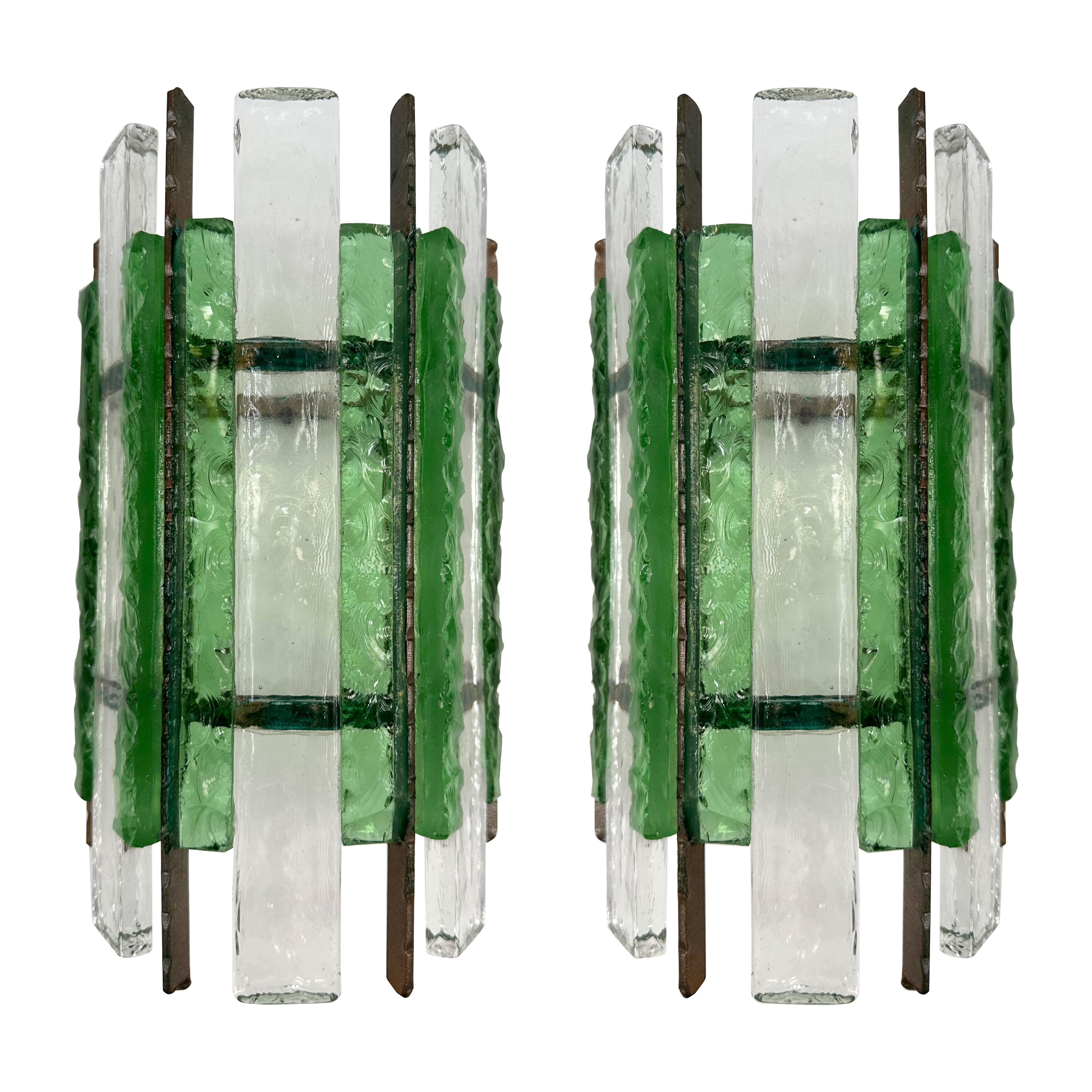 Pair of Hammered Glass Wrought Iron Sconces by Longobard, Italy, 1970s For Sale