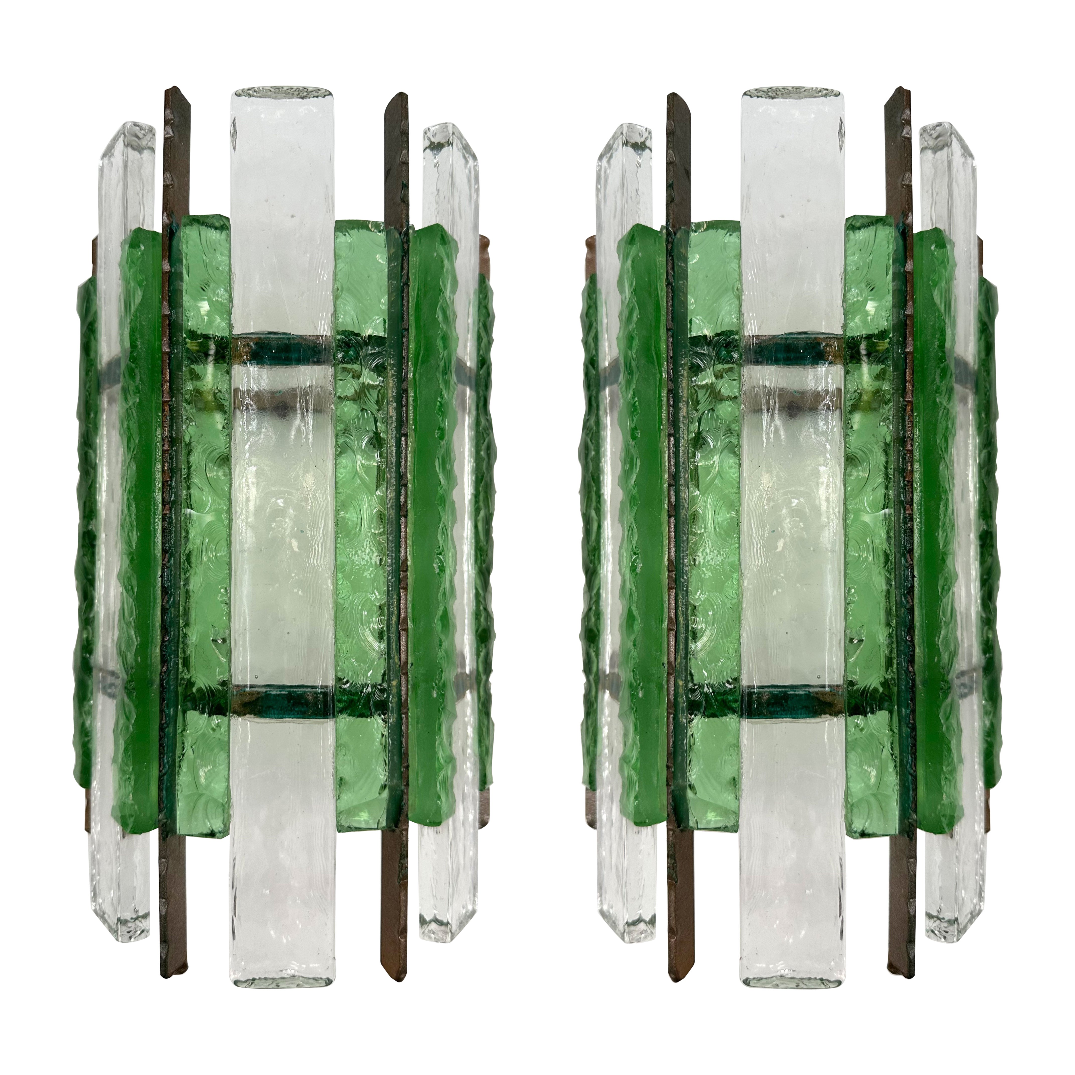 Paar schmiedeeiserne Wandleuchter aus gehämmertem Glas von Longobard, Italien, 1970er Jahre