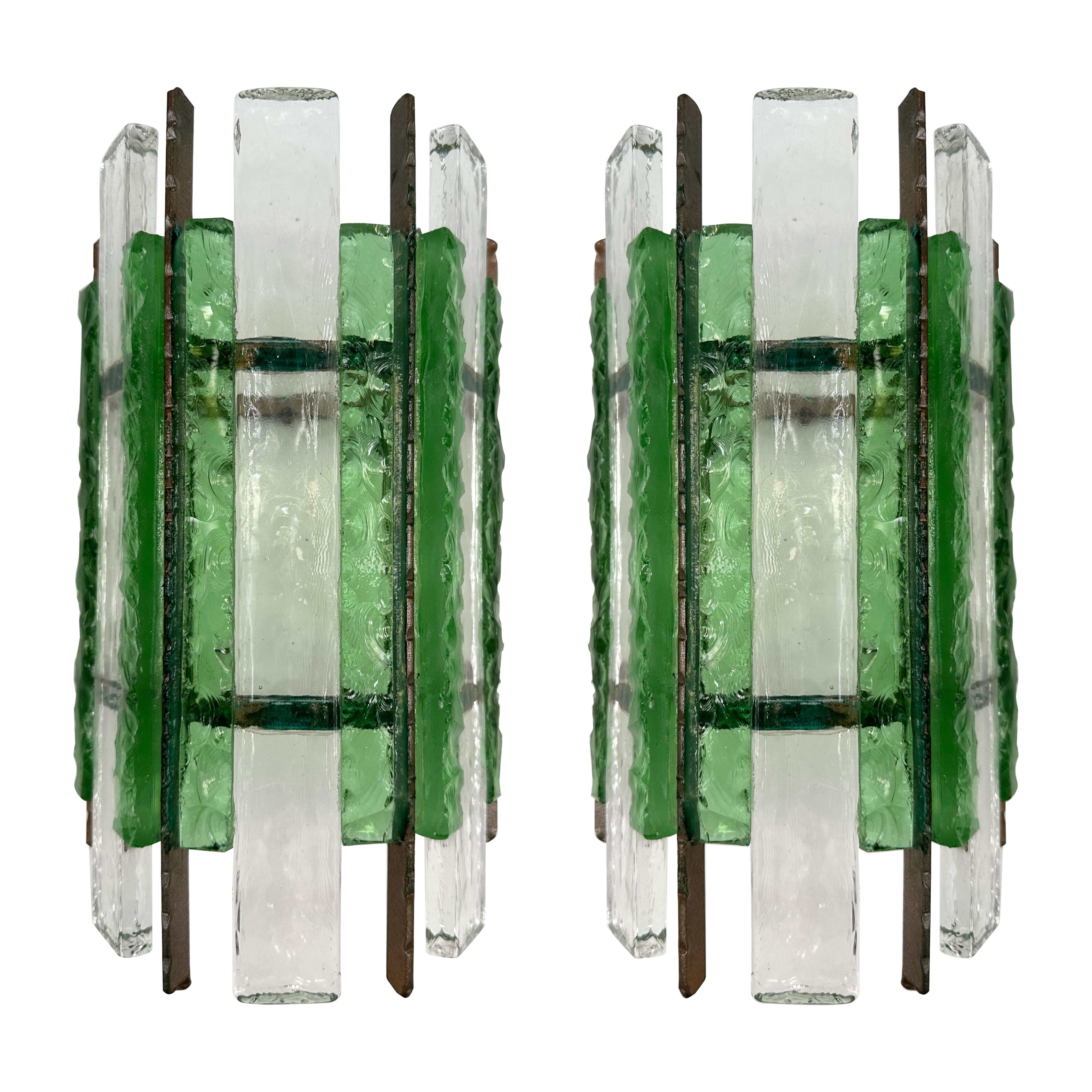 Pair of Hammered Glass Wrought Iron Sconces by Longobard, Italy, 1970s