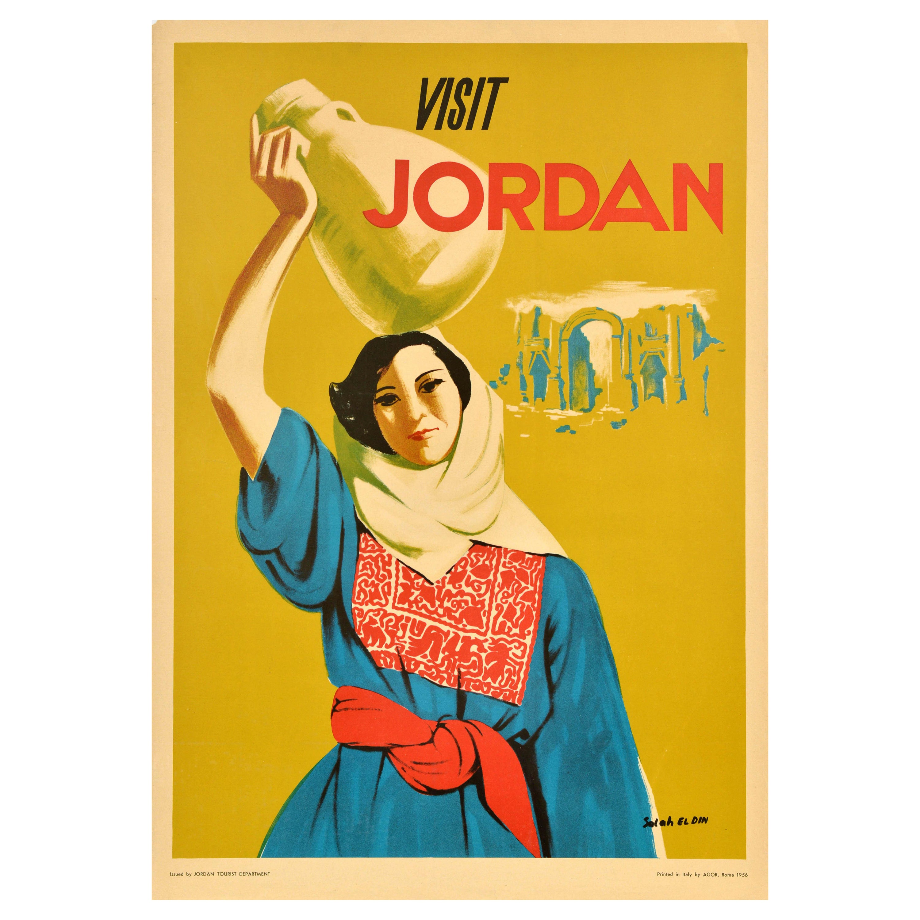 Original Vintage Travel Poster Visit Jordan Middle East Asia Midcentury Art For Sale