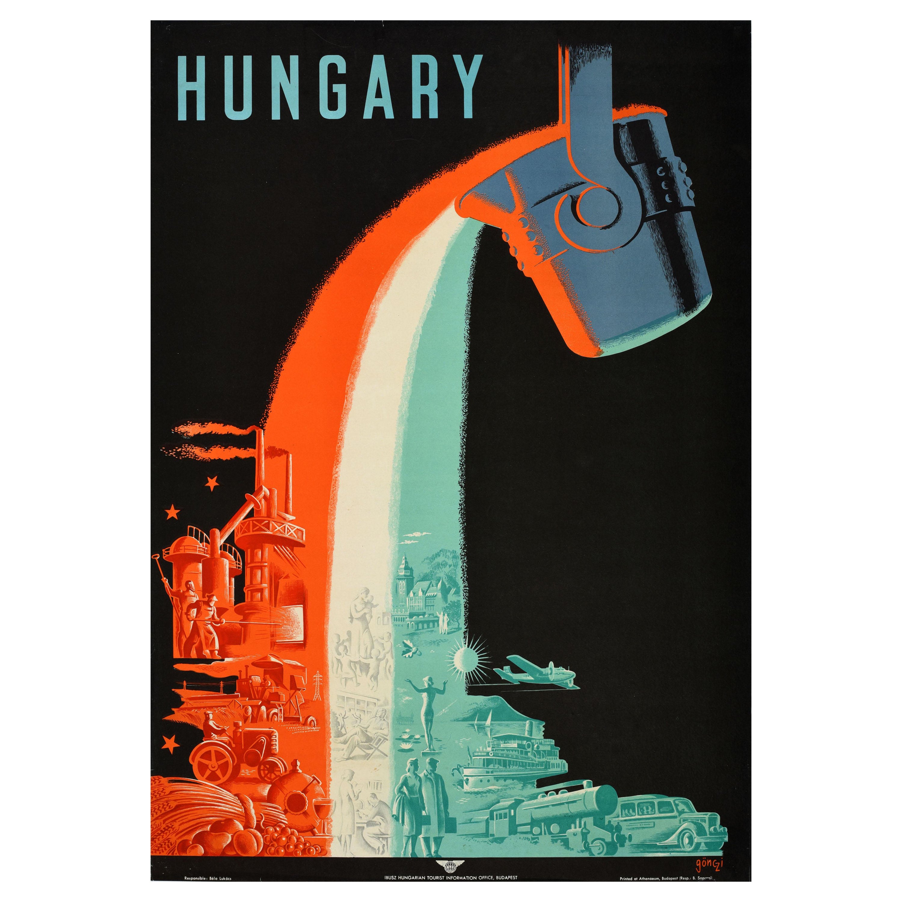 Affiche rétro originale de voyage, Tourisme de Hongrie, Tourisme du milieu du siècle dernier, Drapeau moderne