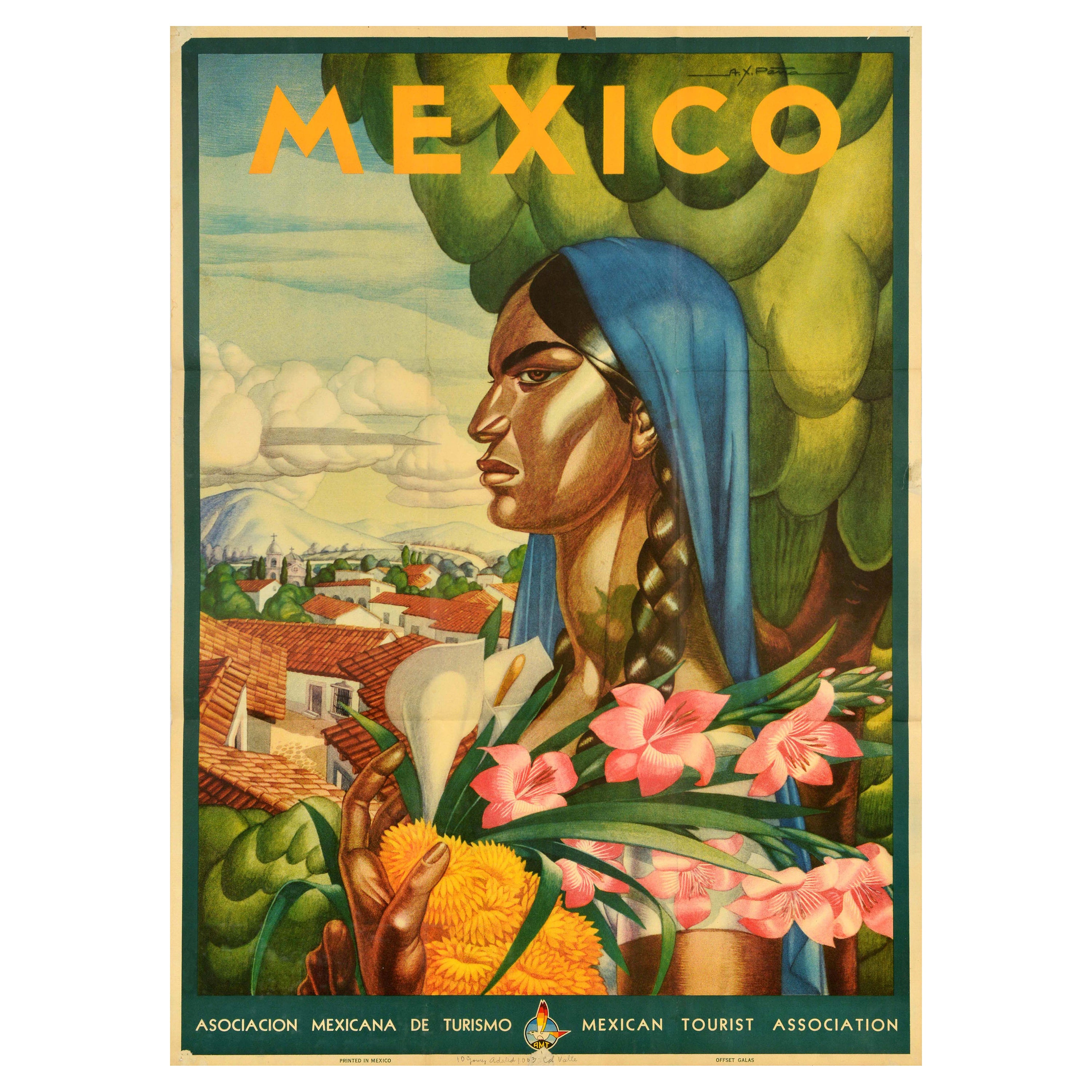 Original Vintage Travel Poster Mexico Alfonso X Pena Midcentury Art For Sale