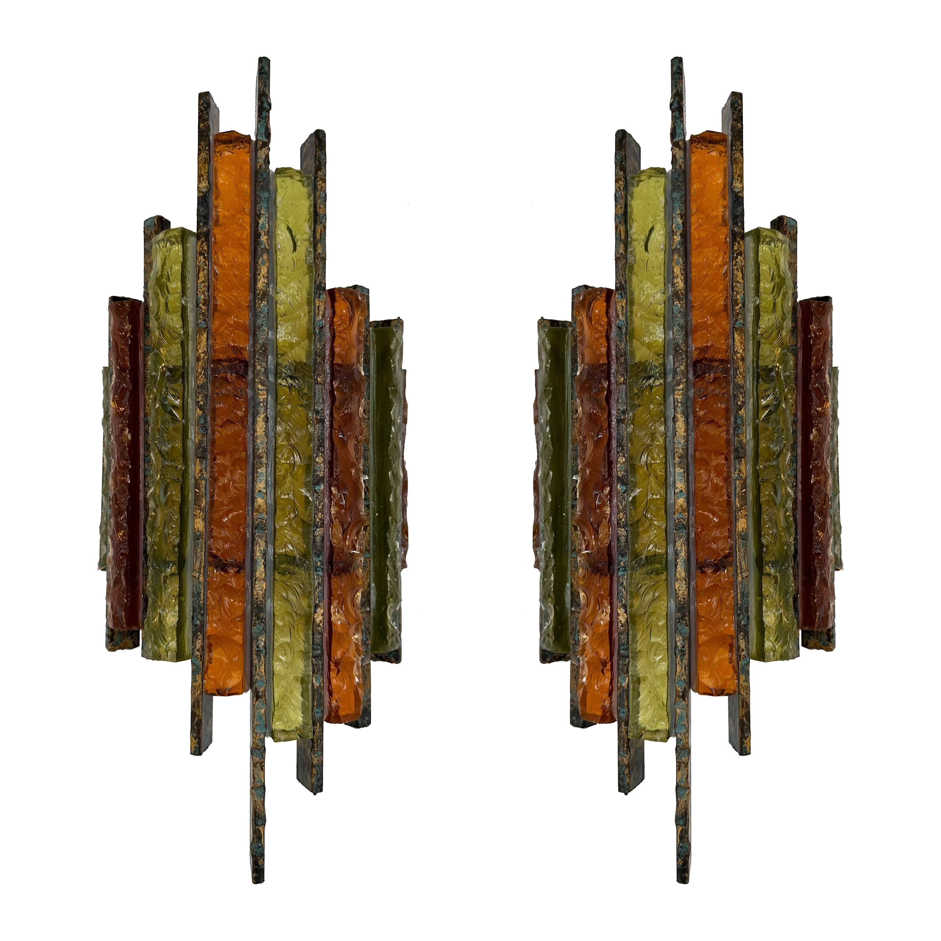 Pair of Hammered Glass Wrought Iron Sconces by Longobard, Italy, 1970s