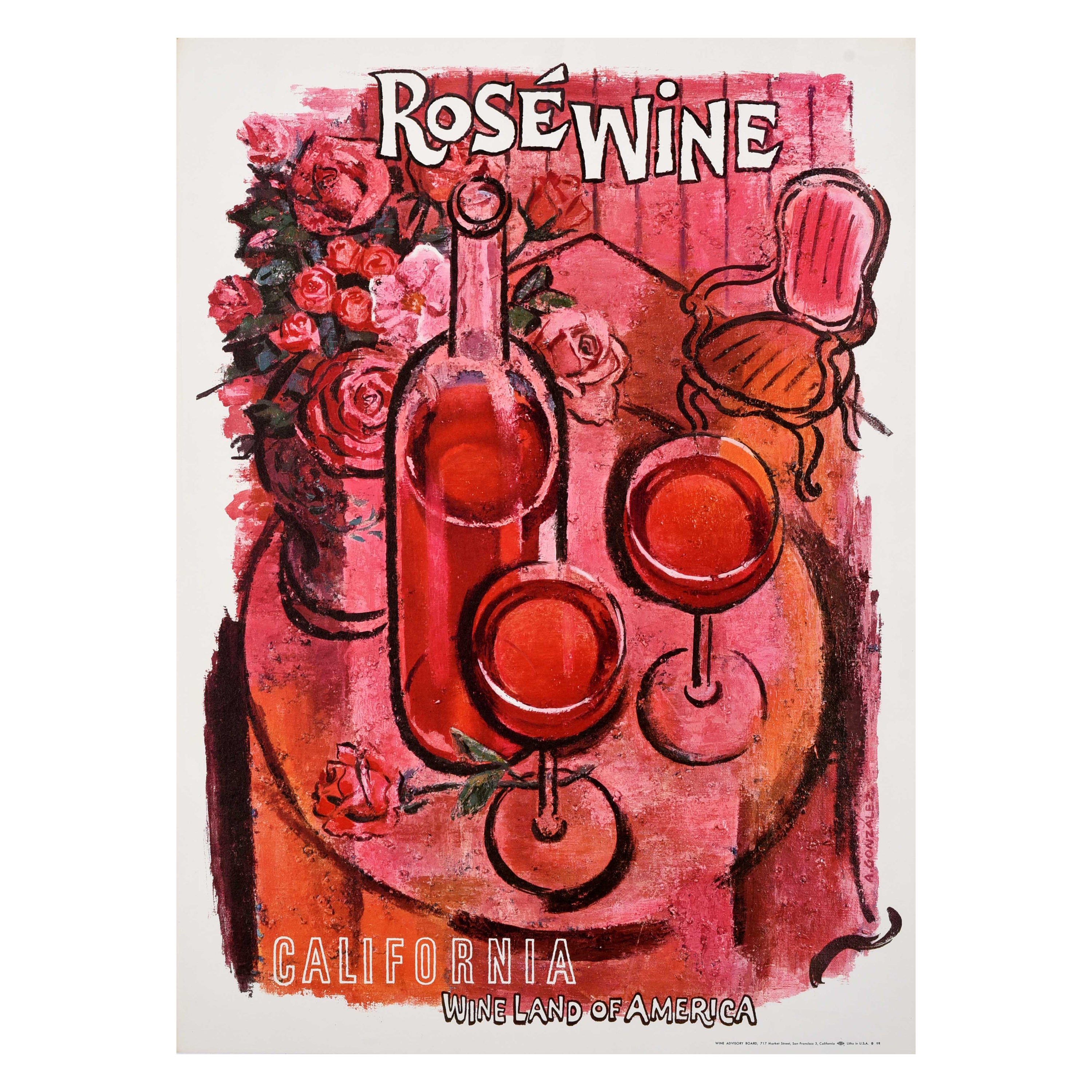 Affiche publicitaire originale de boisson vintage Californie Rose Wine Land Of America en vente