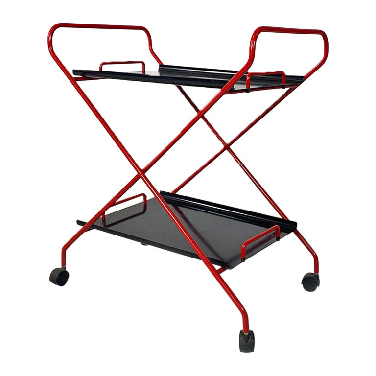 Italian modern black and red metal food trolley on wheels, 1980s For Sale
