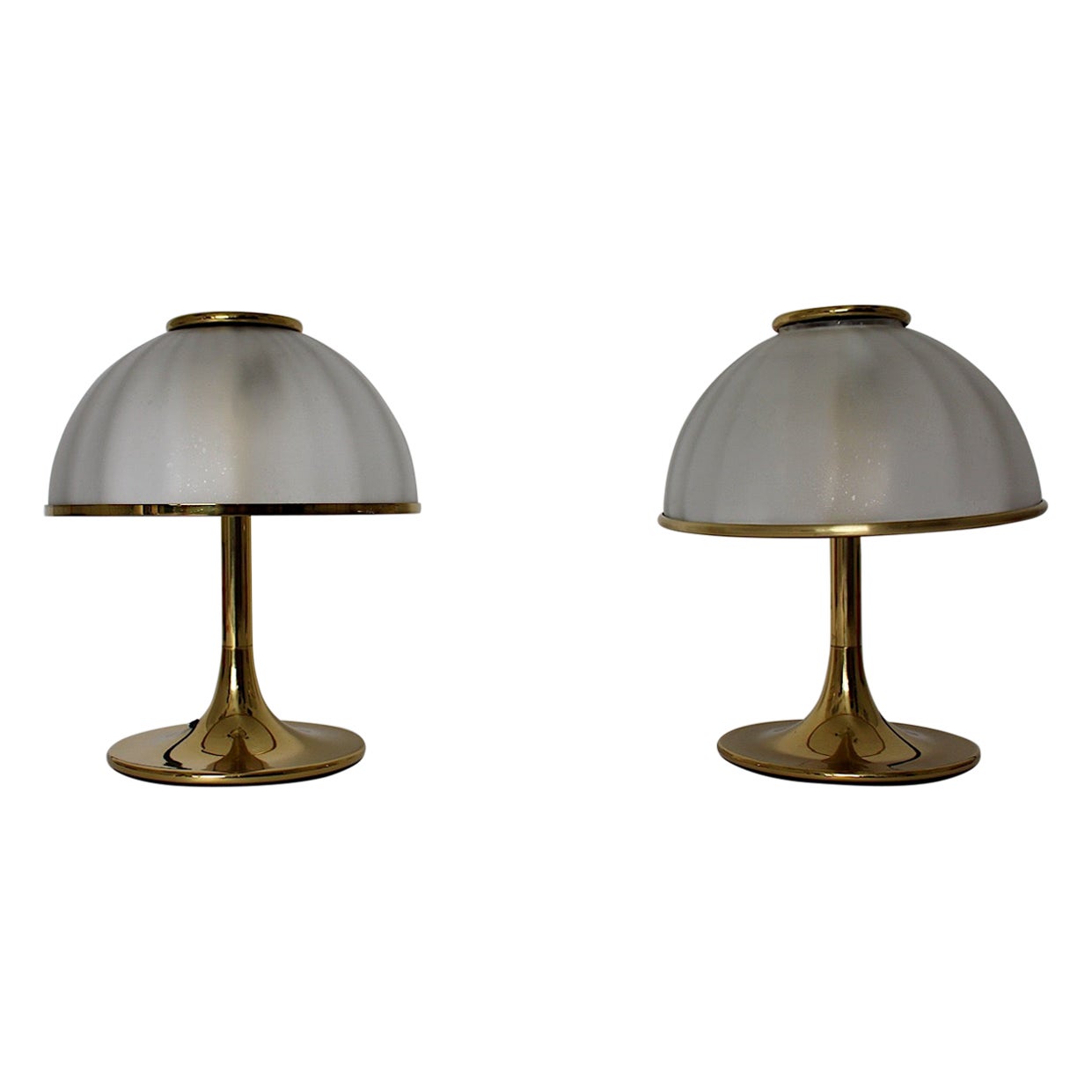 Hollywood Regency Style Duo Pair Brass Glass Table Lamps Italy 1970s For Sale