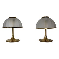 Hollywood Regency Style Duo Pair Brass Glass Table Lamps Italy 1970s