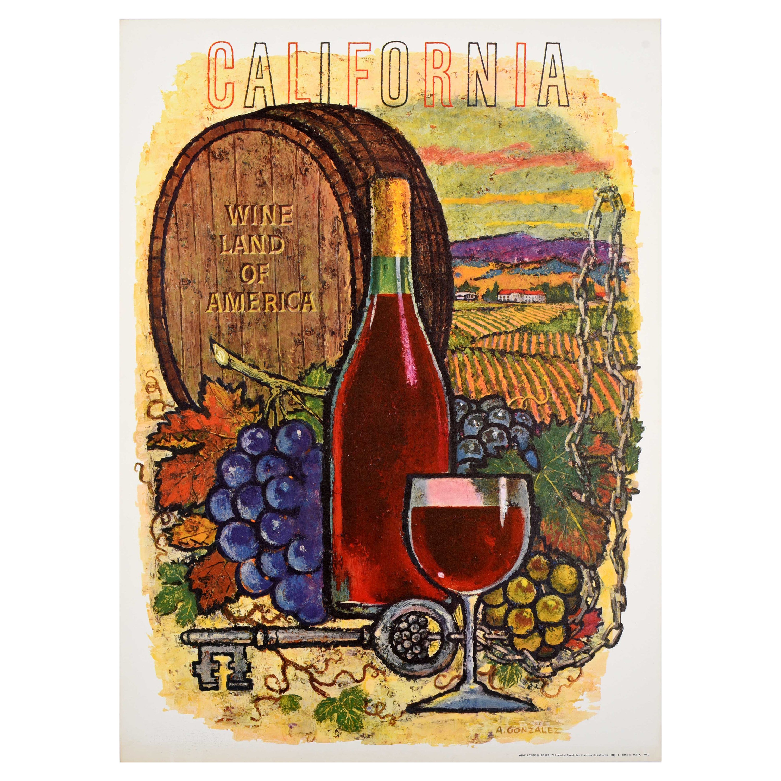 Original-Vintage-Werbeplakat für Getränke, Kalifornien, Weinland Amerika