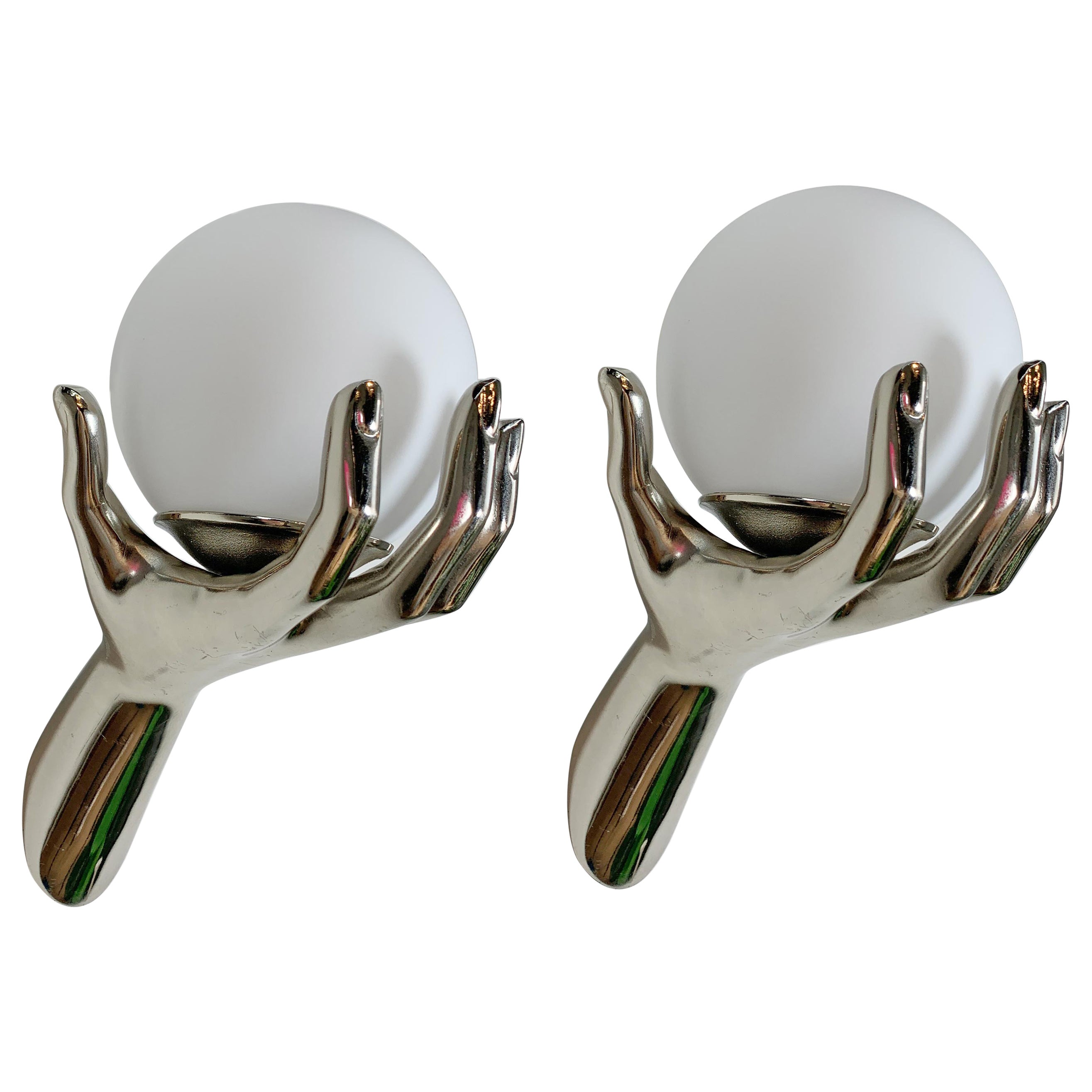 Pair of 1970's Maison Arlus Silver Hand Wall Sconces For Sale