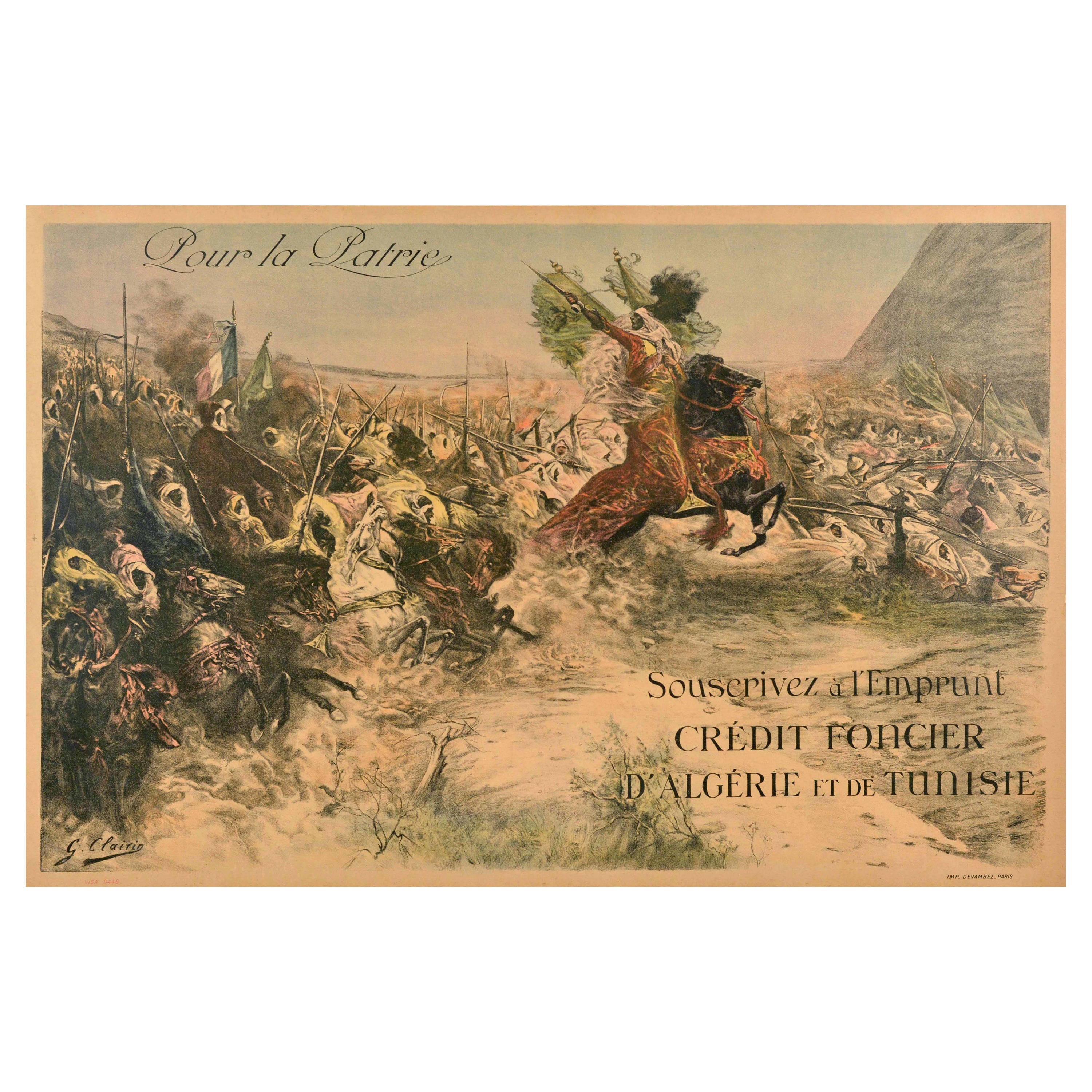 Originales antikes Loan-Poster aus dem Ersten Weltkrieg Pour La Patrie Emprunt Algerien Tunesien 