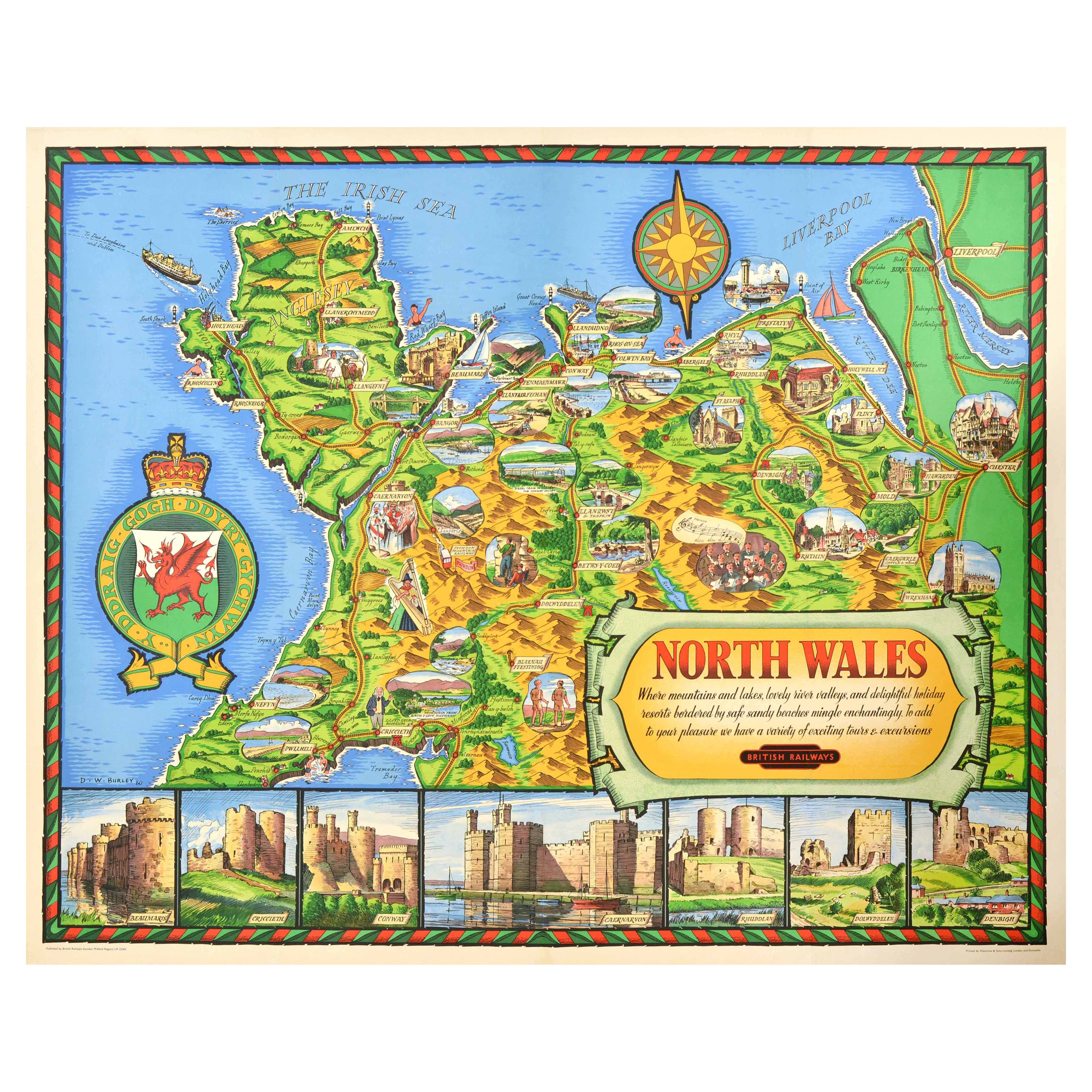 Original Vintage Travel Poster North Wales Map British Railways DW Burley en vente