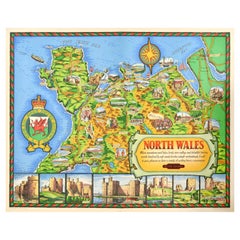 Poster di viaggio originale d'epoca Mappa del Galles del Nord British Railways DW Burley