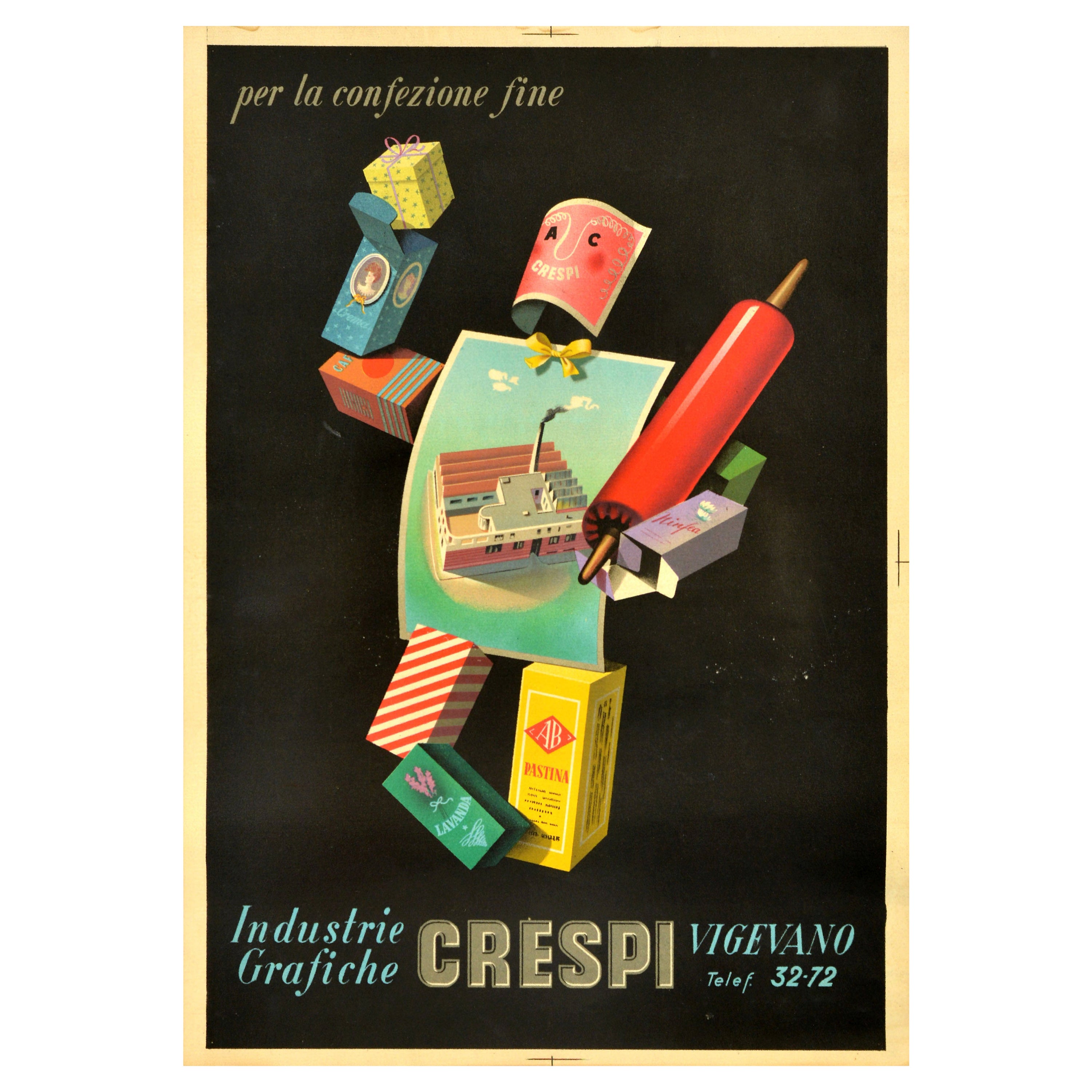 Affiche publicitaire originale vintage Industrie Grafiche Crespi, Emballage, Italie en vente