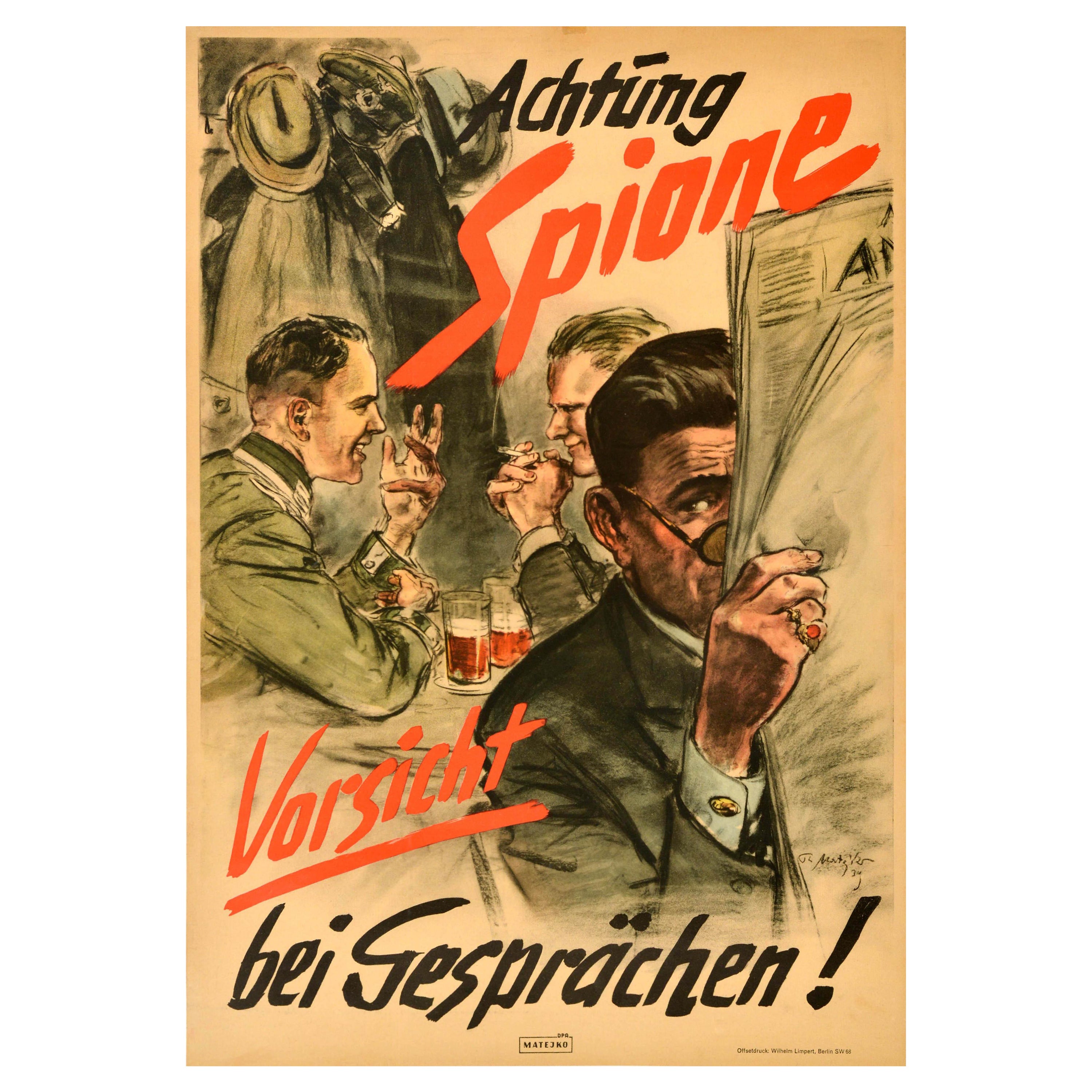 Affiche de propagande vintage d'origine Beware Of Spies, Achtung Spione, Allemagne, Seconde Guerre mondiale