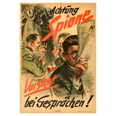 Original Vintage Propaganda Poster Beware Of Spies Achtung Spione Germany WWII