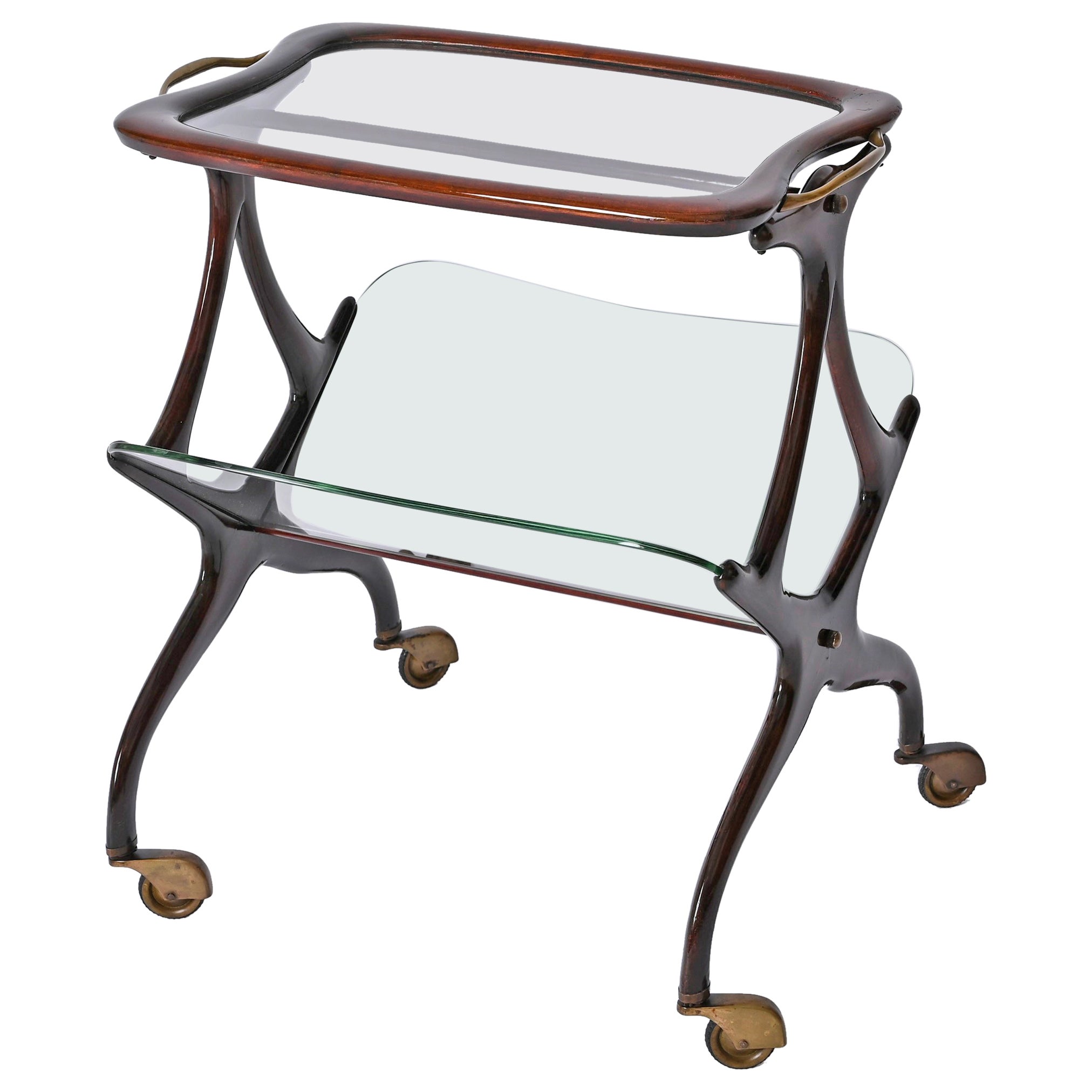 Cesare Lacca Walnut and Brass Bar Cart with Magazine Rack, Italy 1950s For Sale