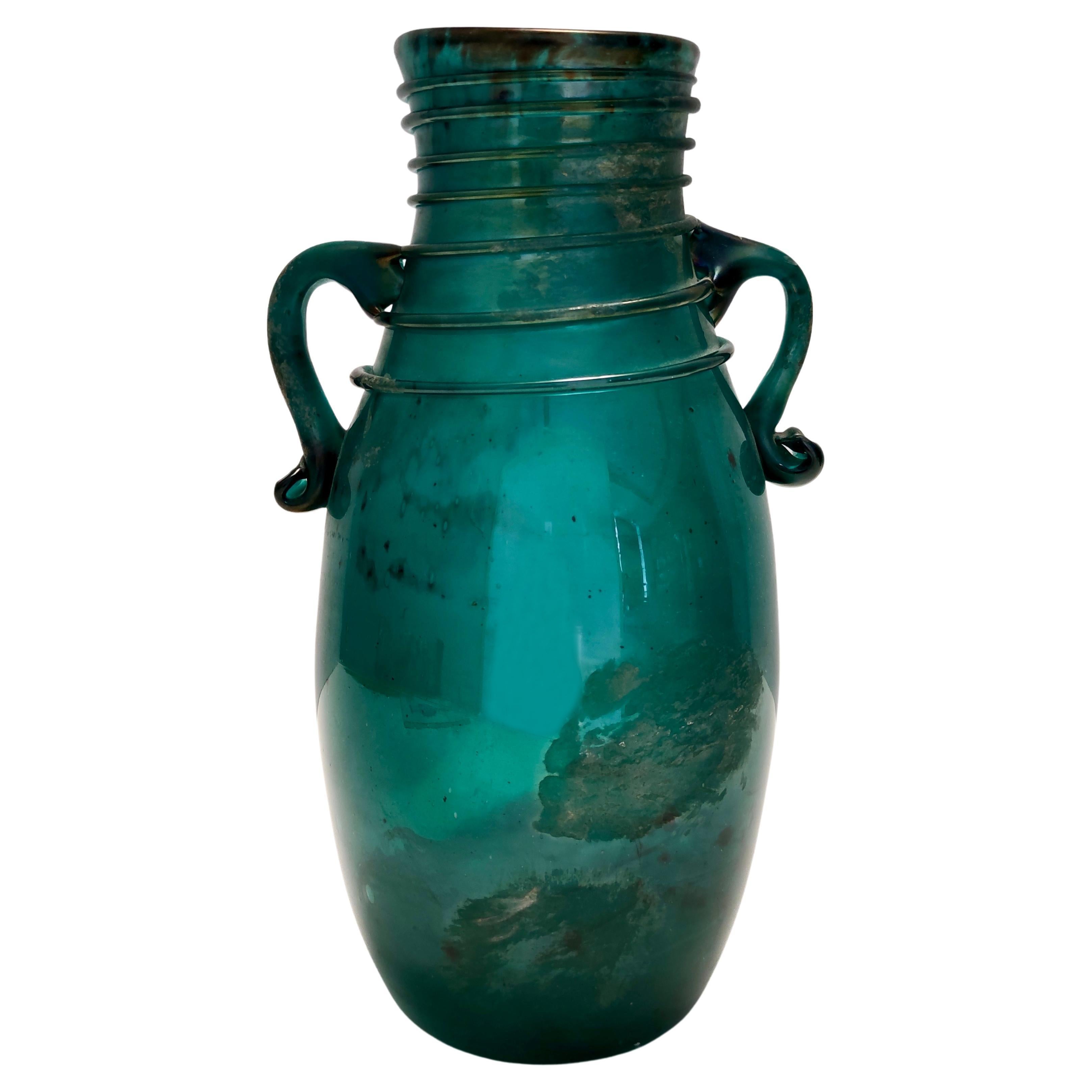 Vintage Teal Scavo Glass Vase Ascribable to Seguso, Archeological style, Italy For Sale