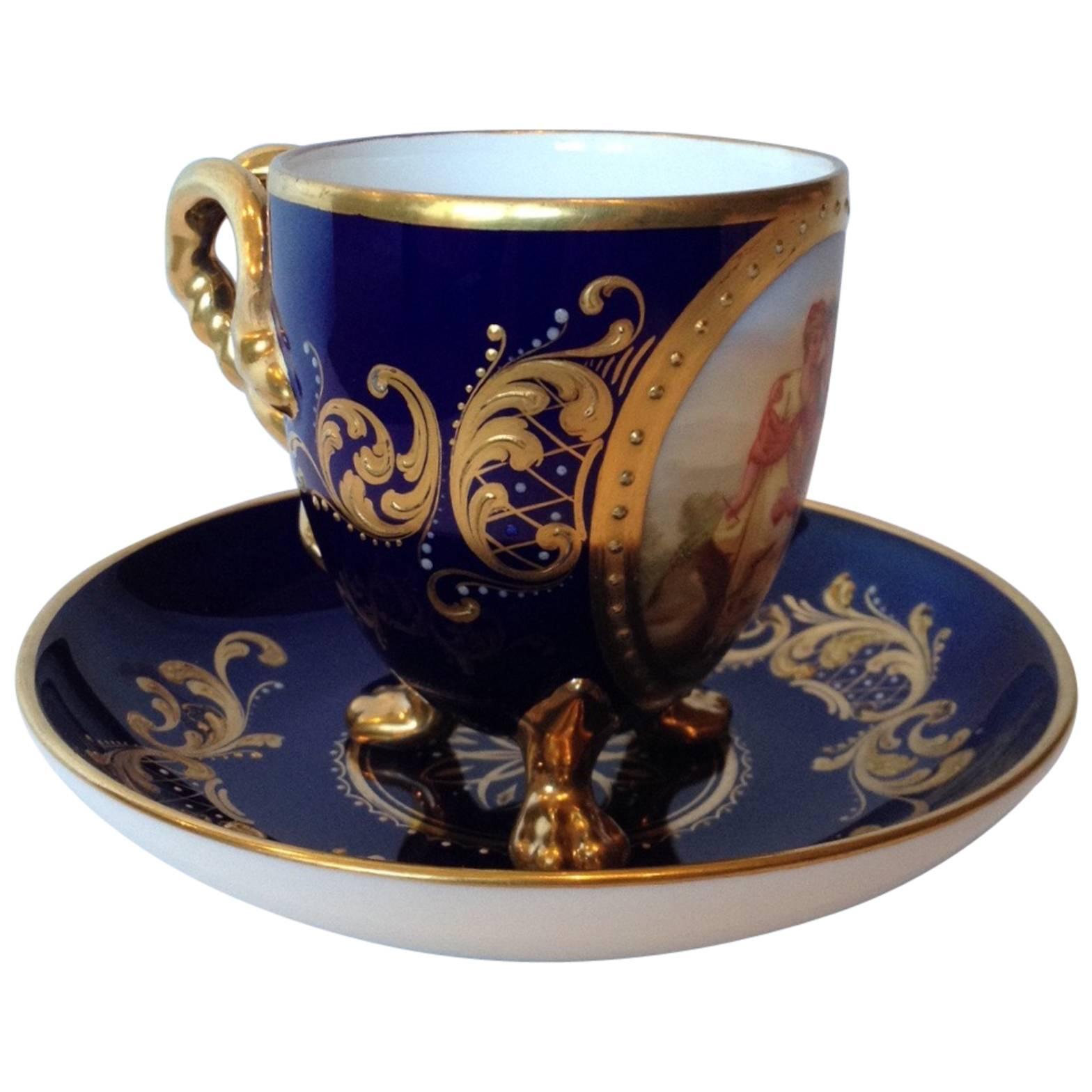 Vienna Cup and Saucer Twisted Snake Handle Paw Feet Egg Shape, 19th Century For Sale