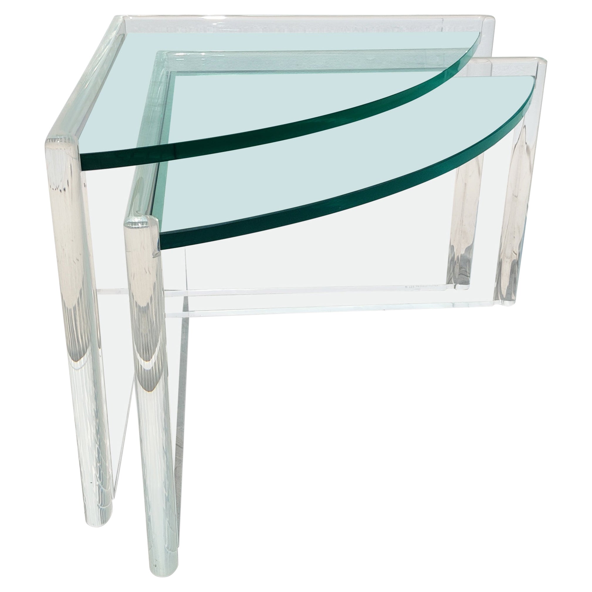 Les Prismatiques Pair of Triangular Lucite and Glass Nesting Tables Post-Modern For Sale