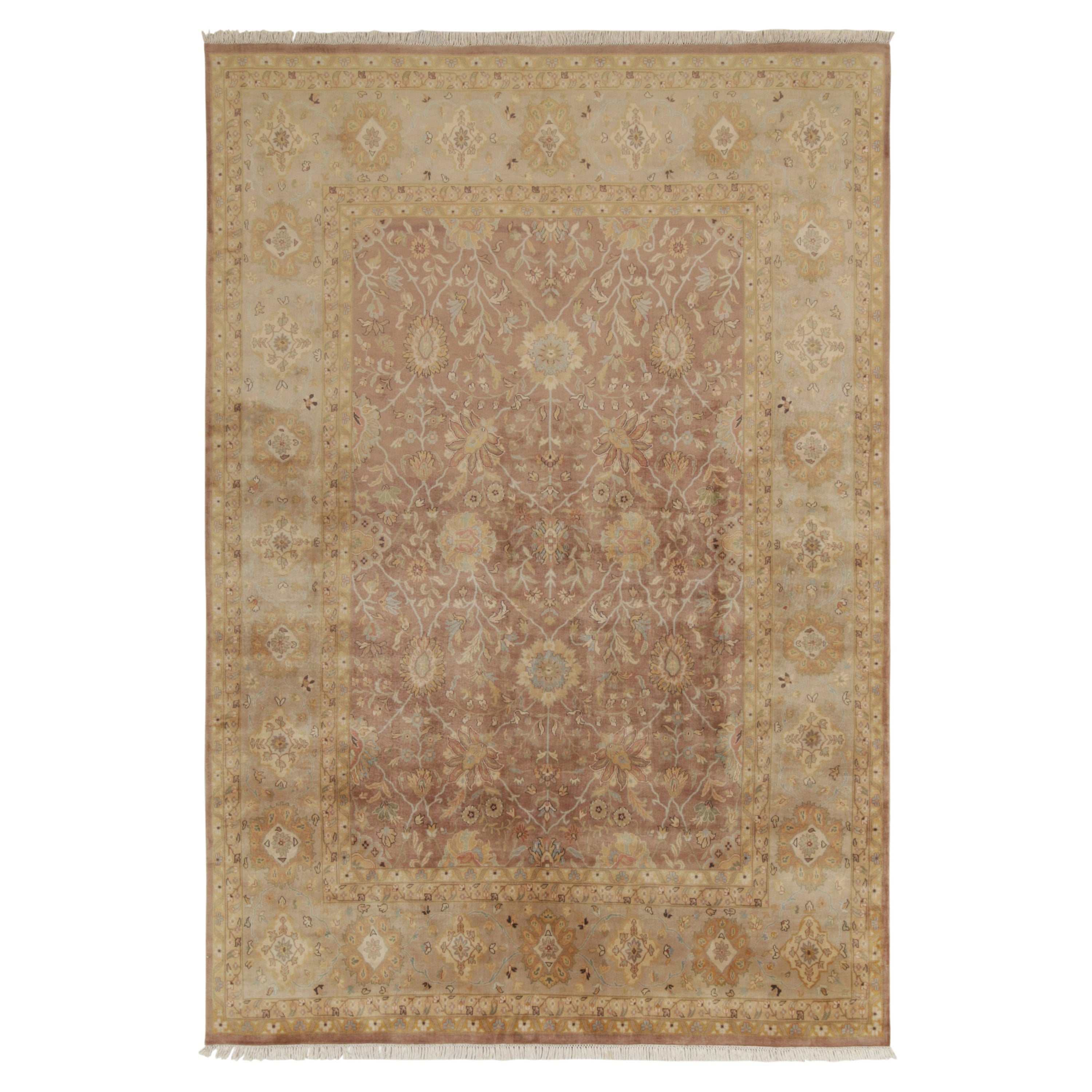 Rug & Kilim’s Tabriz Style Rug in Brown with Gold & Blue Floral Patterns For Sale