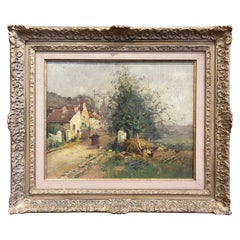 Peinture à l'huile sur toile d'un village français du 19e siècle signée E. Galien-Laloue