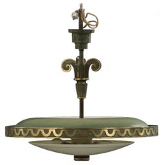 1930’s Swedish Grace Art Deco Green Metal and Brass Pendant Lamp 