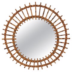French Sunburst Asymmetric Mirror in Rattan, 1960s 
