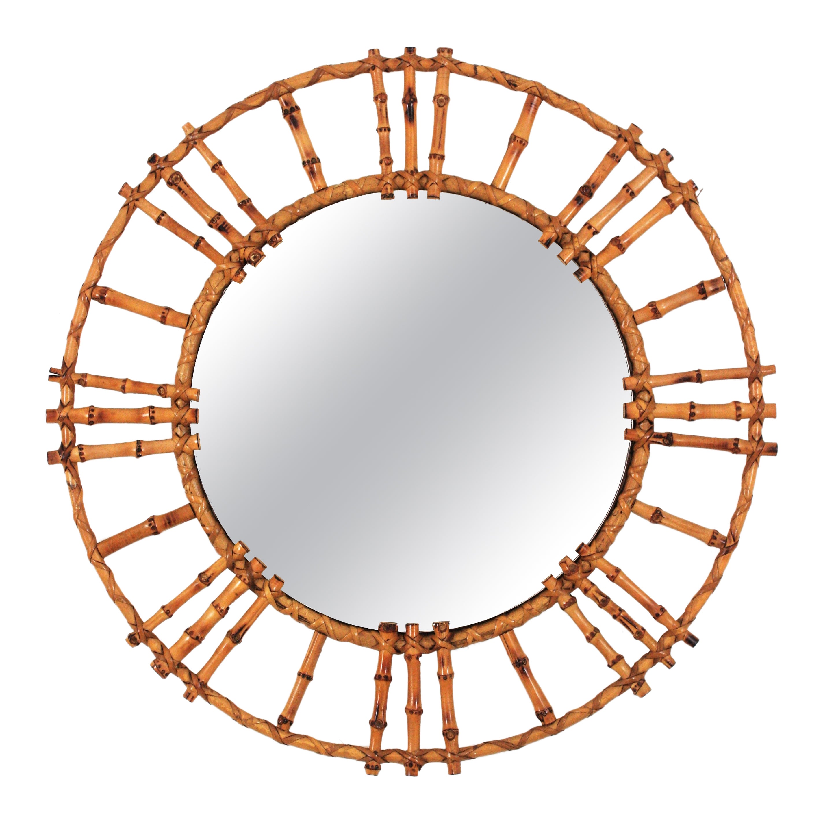 Rattan Bamboo Round Mirror, 1950s For Sale