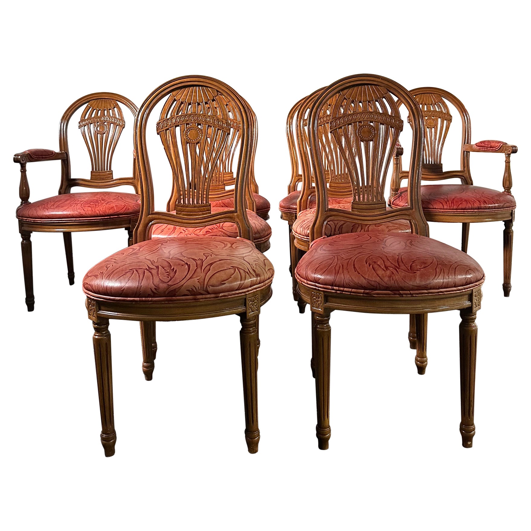Set of 8 Balloon Back Carved Wood Dining Chairs with Edelman Leather Seats