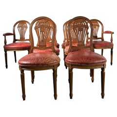 Set aus 8 geschnitzten Holz-Esszimmerstühlen mit Ballonrückenlehne und Edelman-Ledersitzen