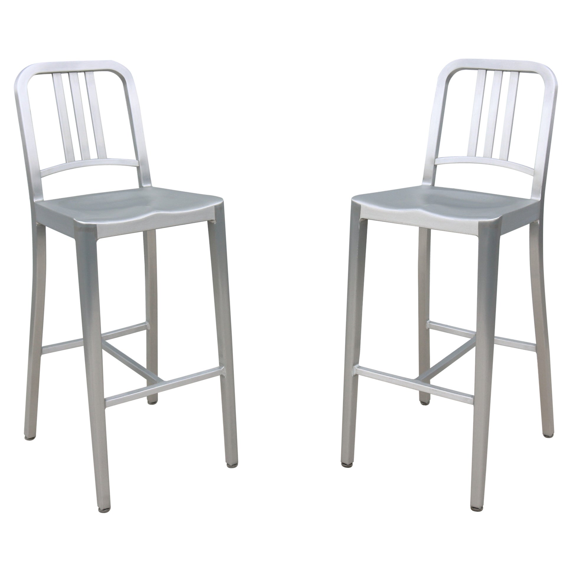 Industrial Classic Emeco 1006 Navy Brushed Aluminum Bar Height Stools - a Pair